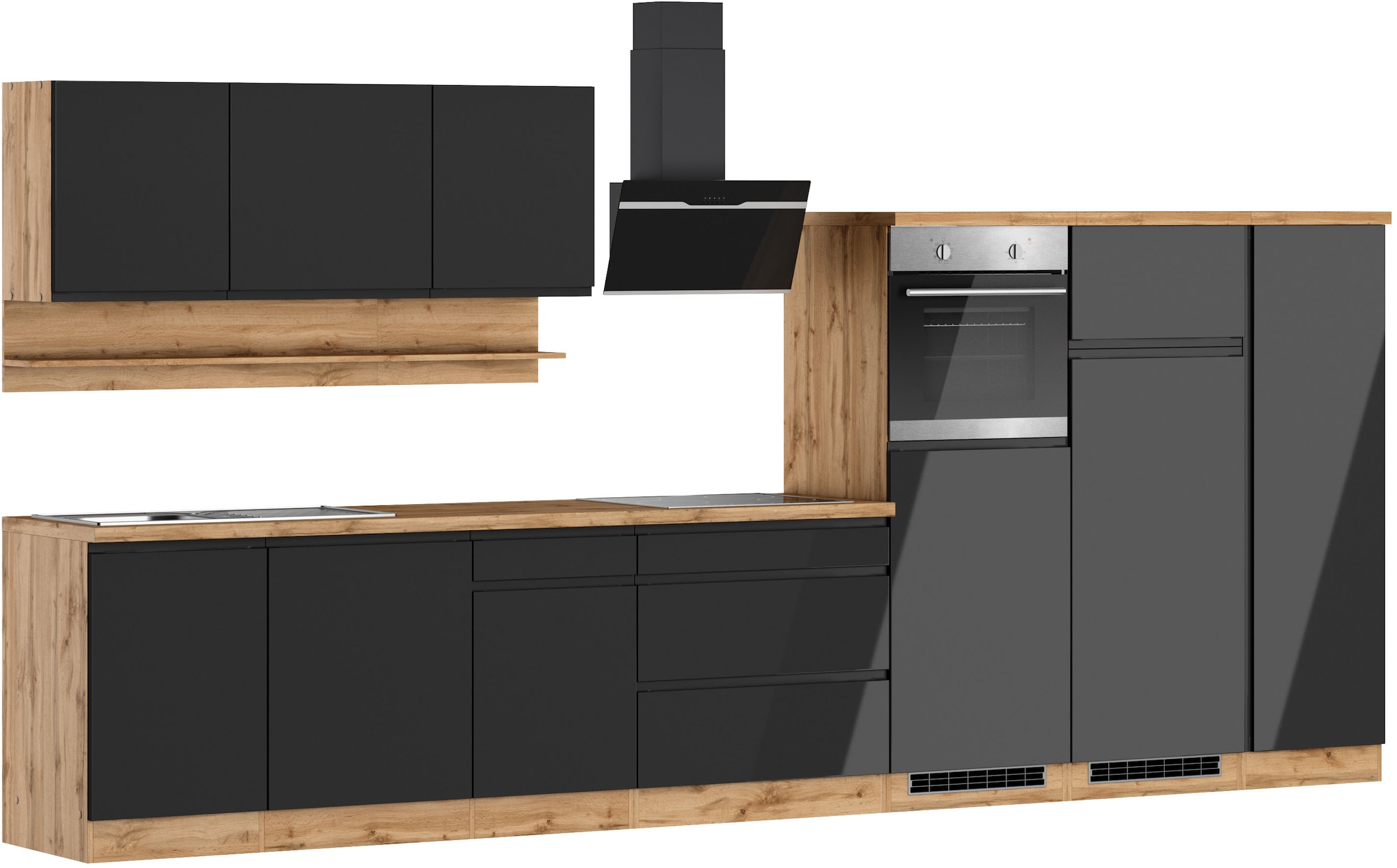 KOCHSTATION Kitchenette »KS-Virginia,neu in verbesserter Ausführung« plan de travail épaisseur 38 mm, rangement, fermeture douce,  largeur 410 cm, softclose, optionnellement avec appareils électriques et induction