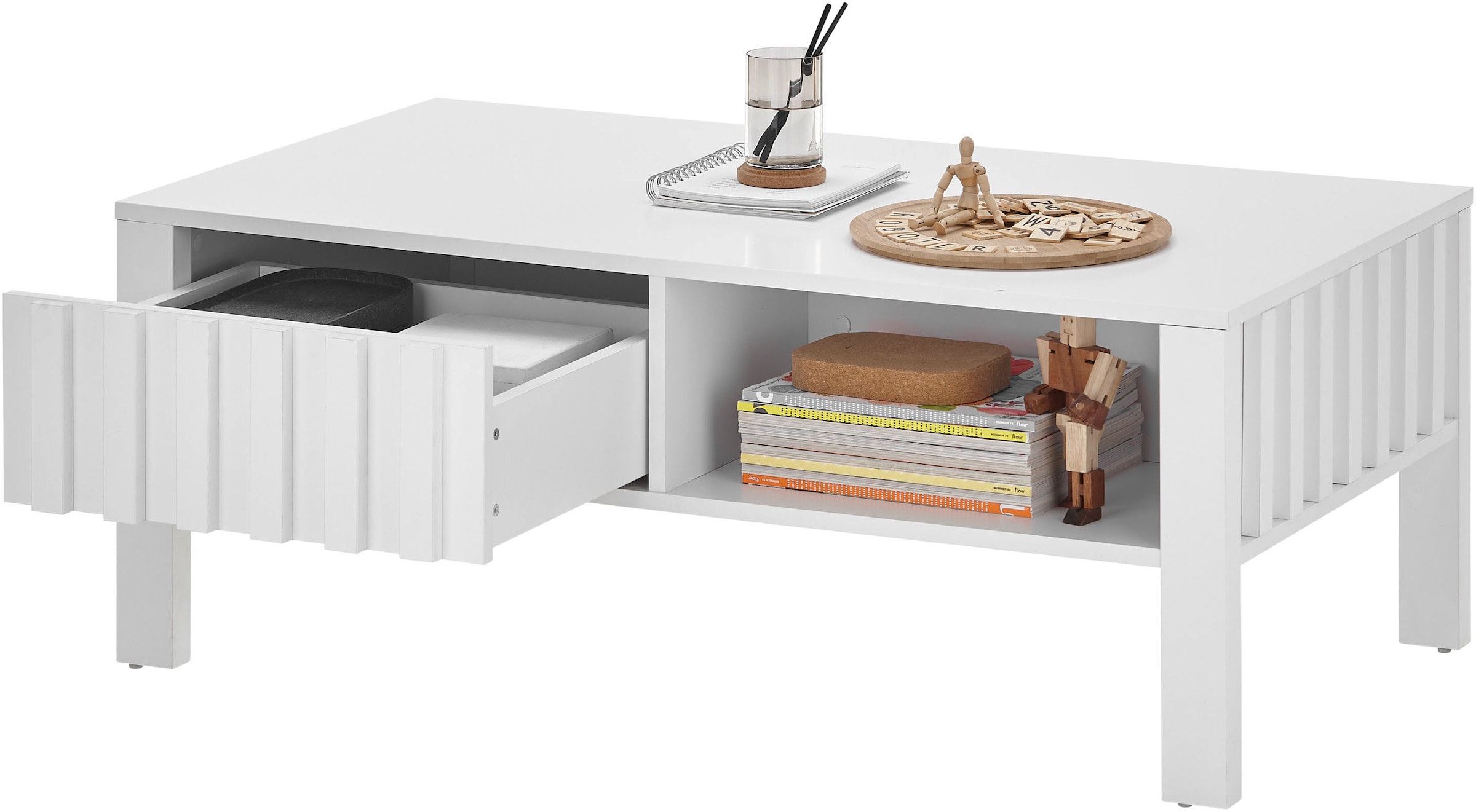Stolkom Couchtisch »Mao weiss matt, Wohnzimmertisch, BxHxT 108x42,5x60 cm«, Lamellen Optik, 1 Schublade und 1 offenes Fach