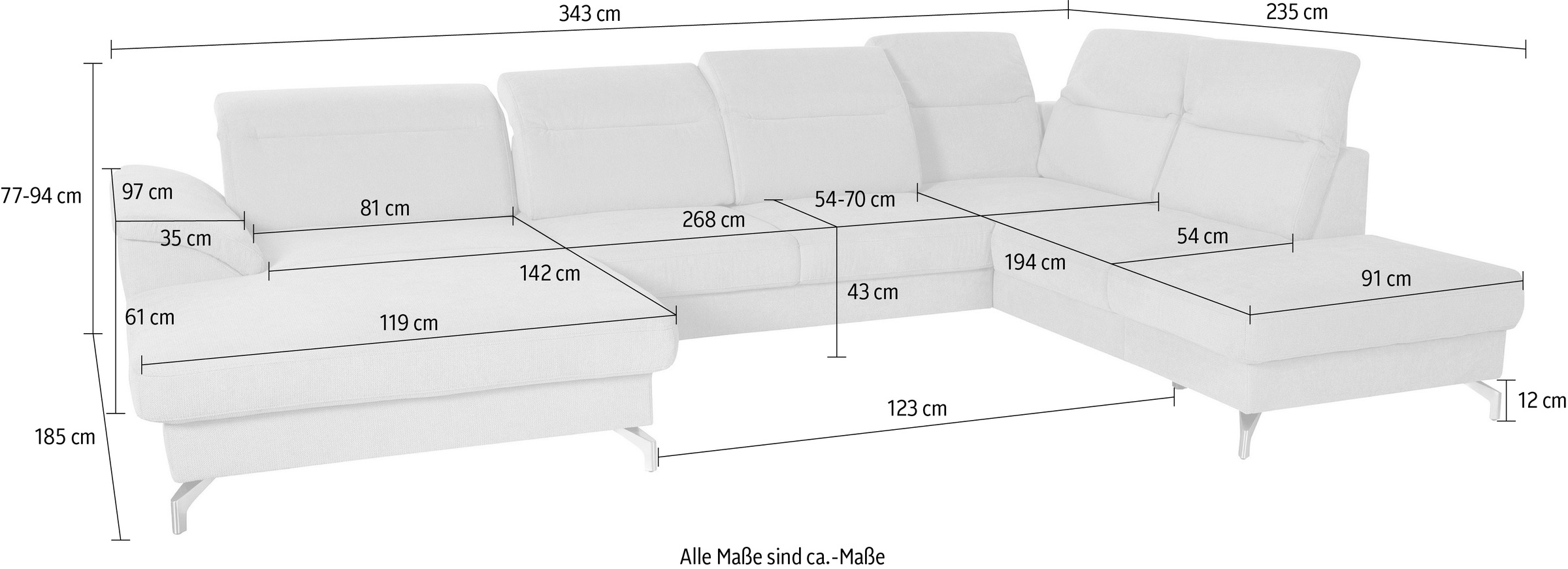 sit&more Wohnlandschaft »Percy U-Form«, 12 cm Fusshöhe, Sitztiefenverstellung, wahlweise in 2 Fussfarben