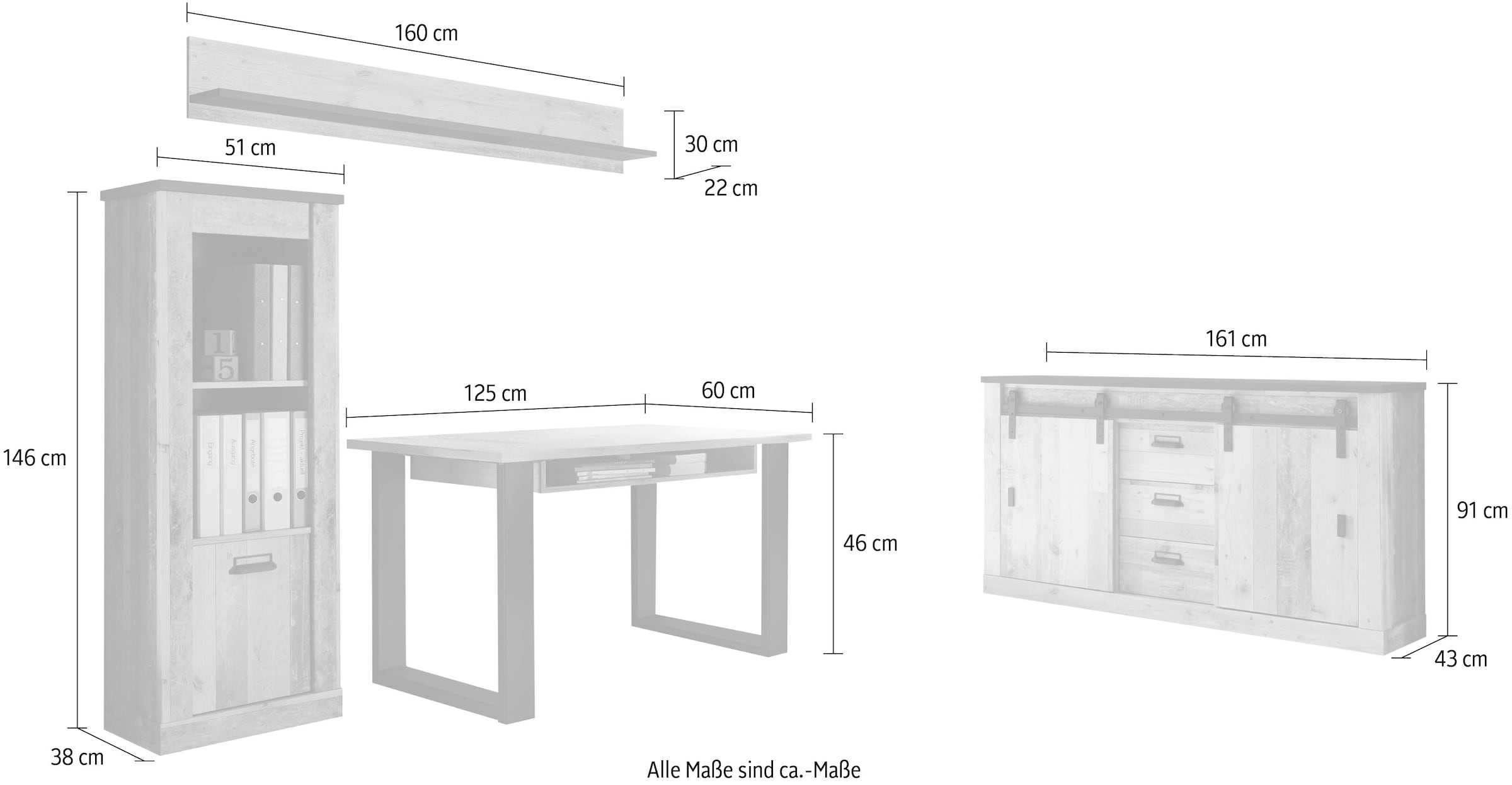 Home affaire Schrank-Set »SHERWOOD«, (4 St.), Büromöbel Set in Holz Dekor, mit Scheunentorbeschlag aus Metall