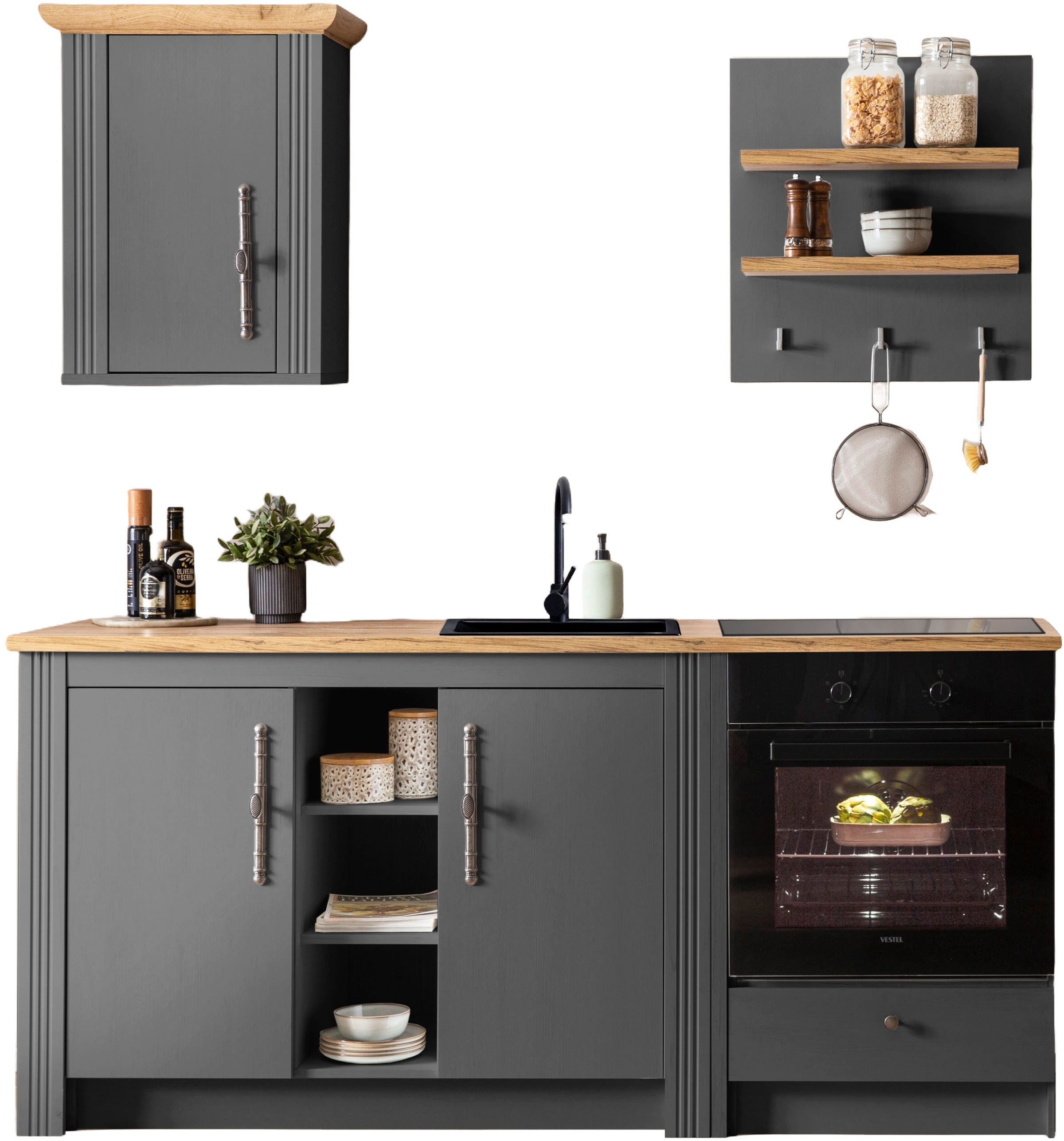 Image of GOODproduct Küchenzeile "KS-Westminster, Pantryküche im Landhaus Stil, hochwertige Metallgriffe" Set, Breite 194 cm, Kommode, Wandpaneel, Hängeschrank und Herdumbau