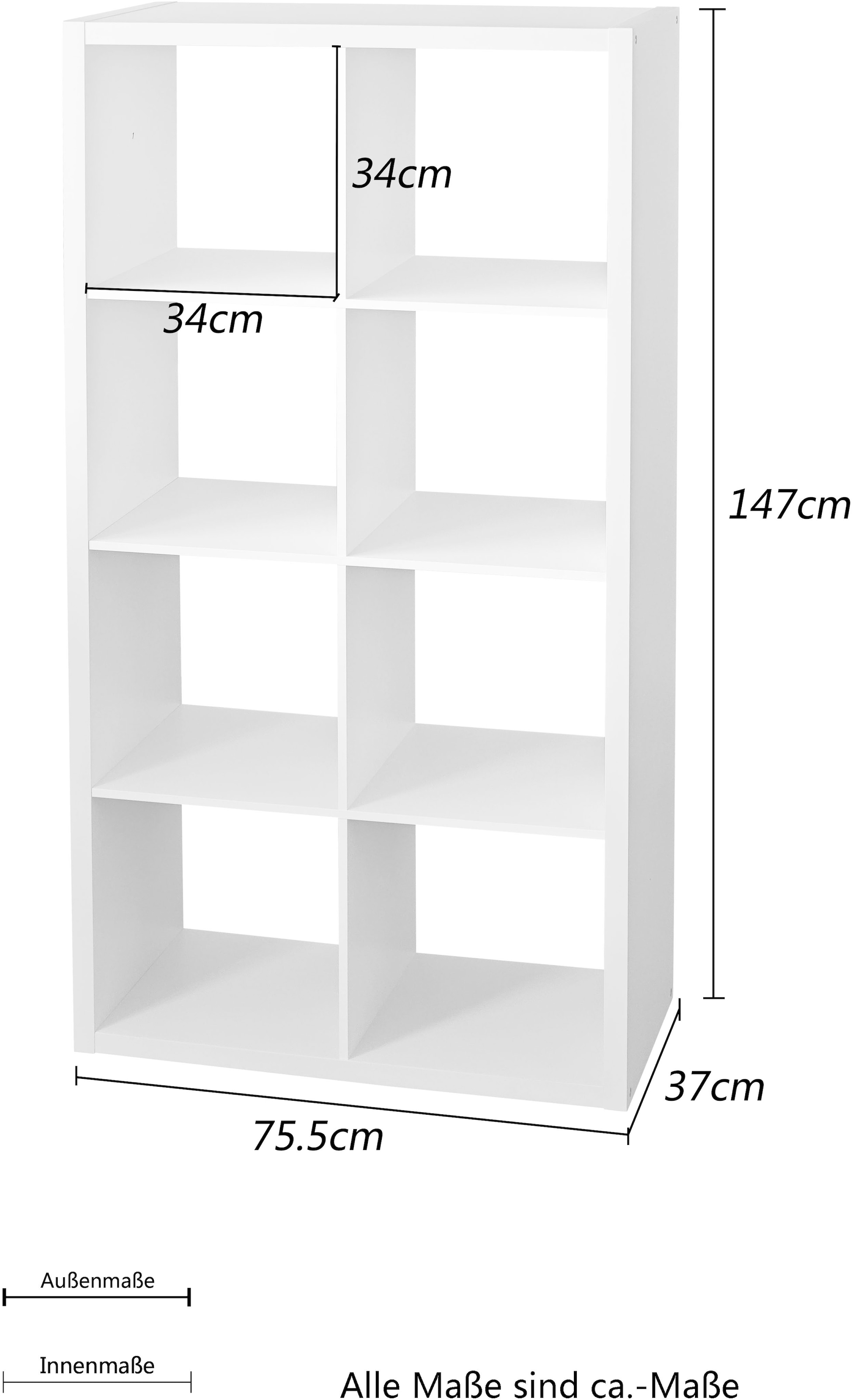 INOSIGN Bücherregal »IZOLA, Raumteiler, Aktenregal, Würfelregal,«, mit 6 oder 8 Fächern, quer und hochkant stellbar, (B/T) 76x37 cm