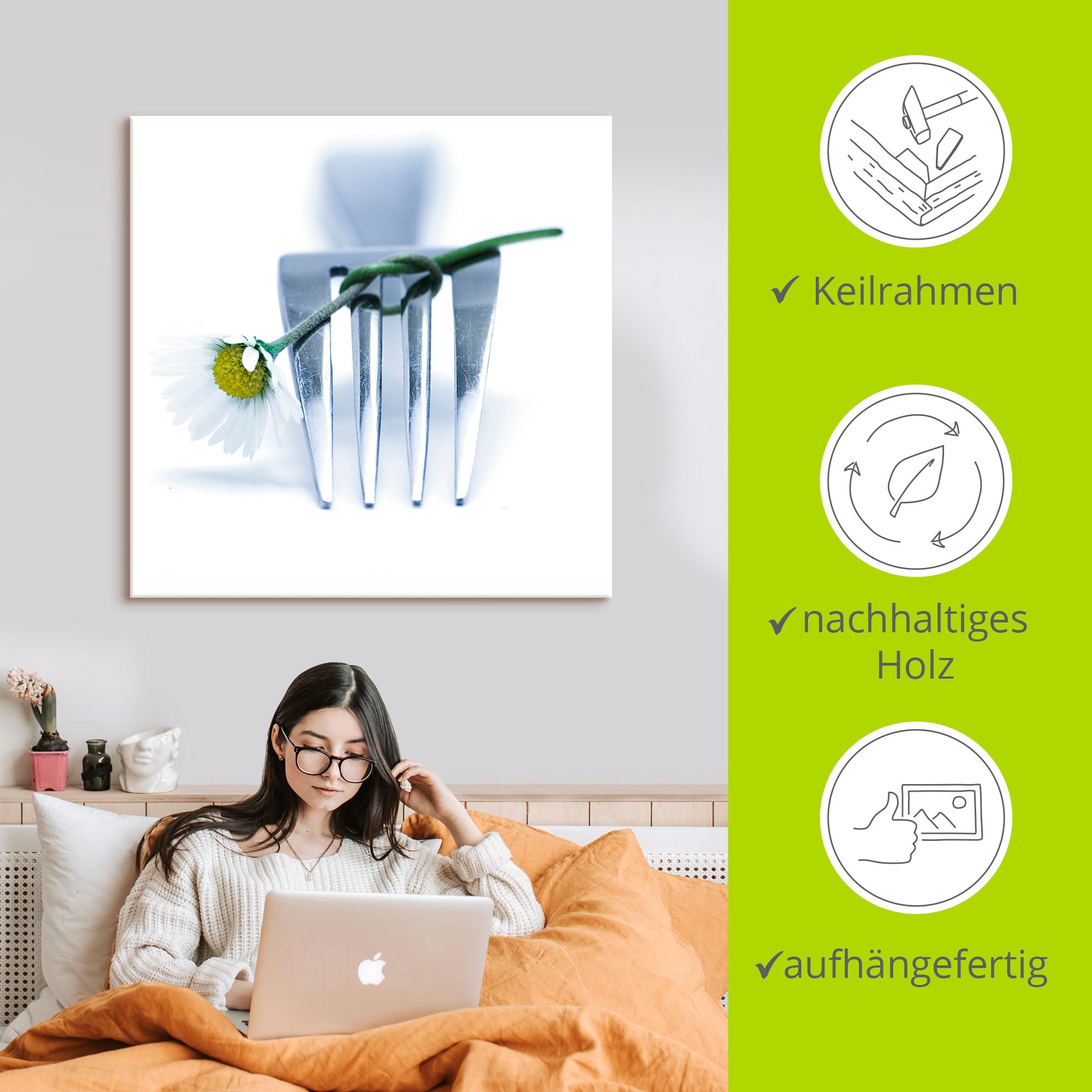 Artland Wandbild »Gabel und Blume« Geschirr & Besteck 1 Stk. tlg. auf Holzrahmen gespannt