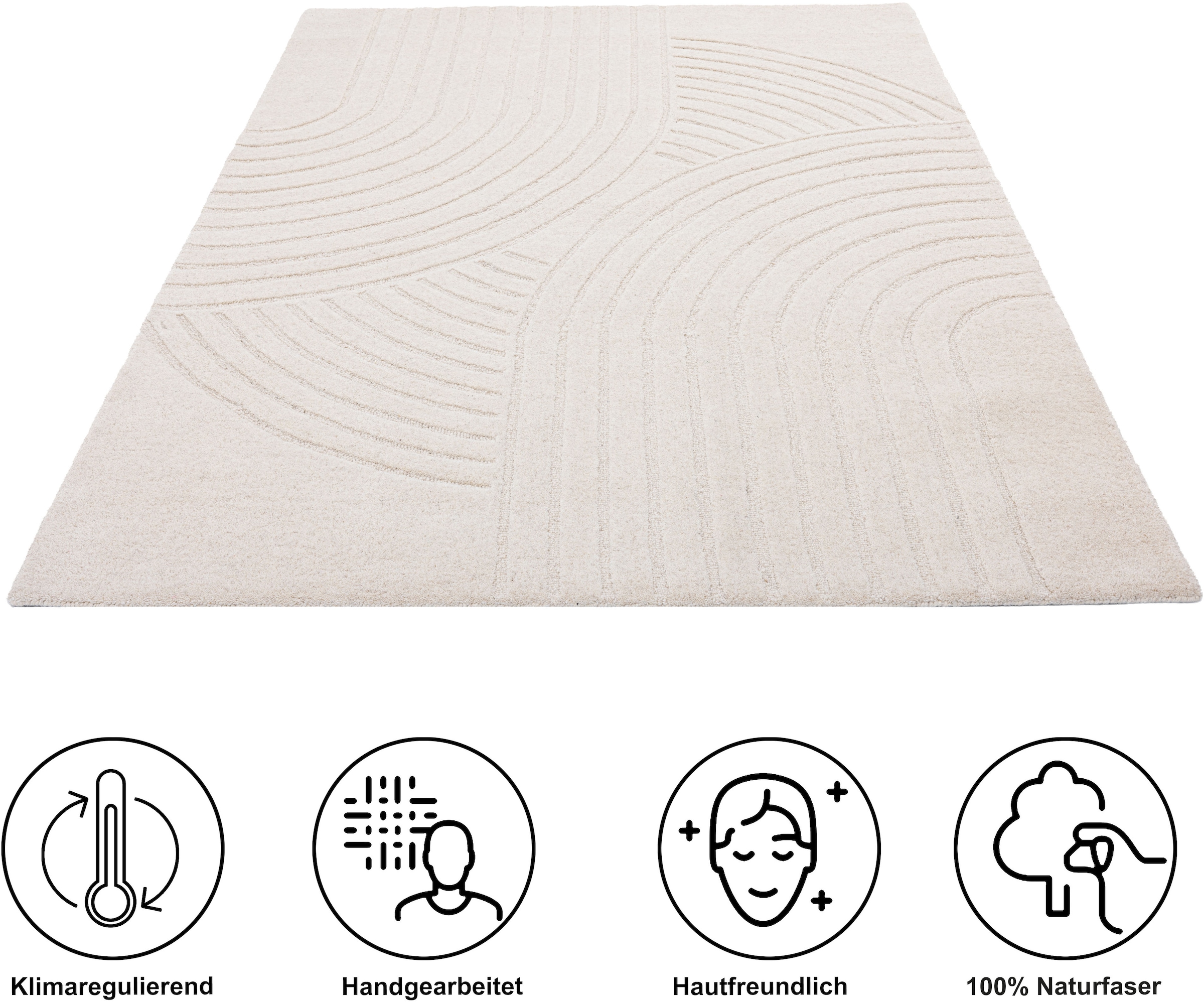 my home Tapis en laine »Gabbo Design, Handgefertigt, Teppich,  reine Wolle,« Rectangulaire 14 mm Höhe Hoch-Tief-Effekt, reine Wolle, Scandi-Look, Naturfaser