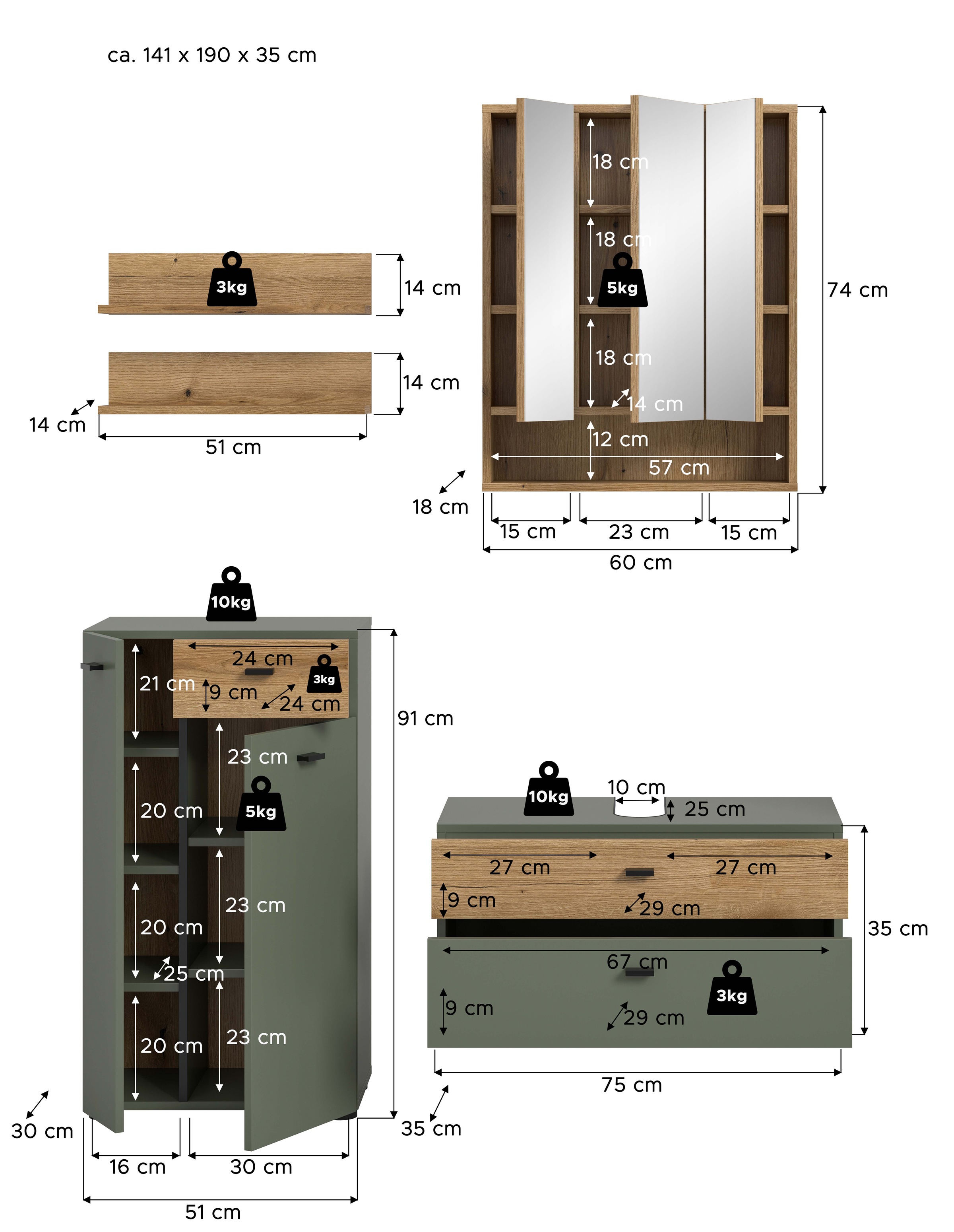 welltime Badmöbel-Set »VANN, 5-teilige moderne Badkombination, individuell stellbar« Midischrank, 2er Set Wandregal, Waschbeckenunterschrank,Spiegelschrank, 5 Stk. tlg.
