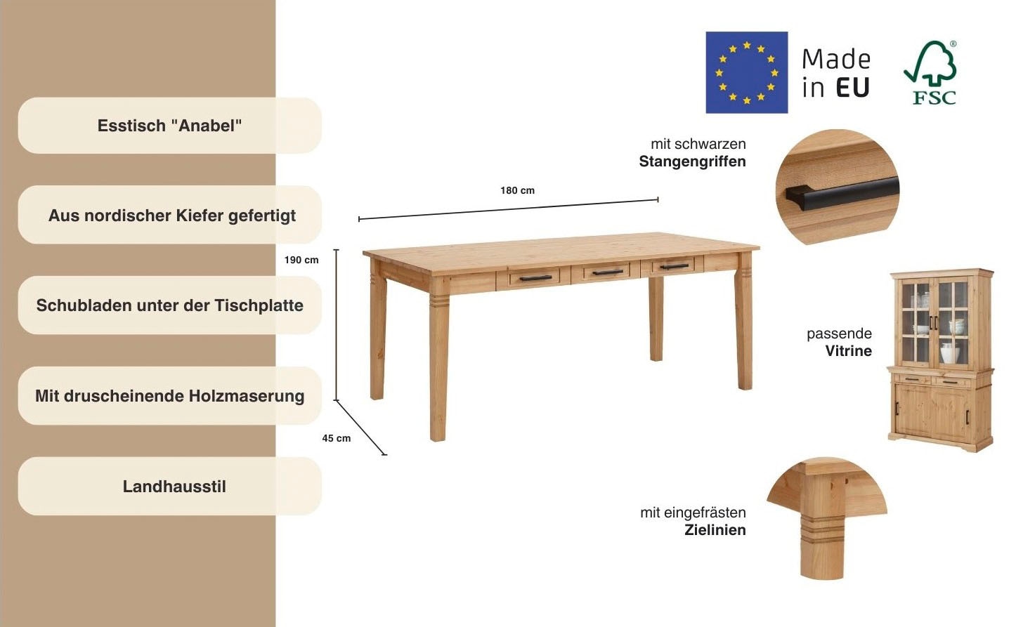Home affaire Esstisch »Anabel, Schubkästen mit schwarzen Metallgriffen«, aus massiver Kiefer, 6 Schubladen unter der Tischplatte, Breite 180 cm
