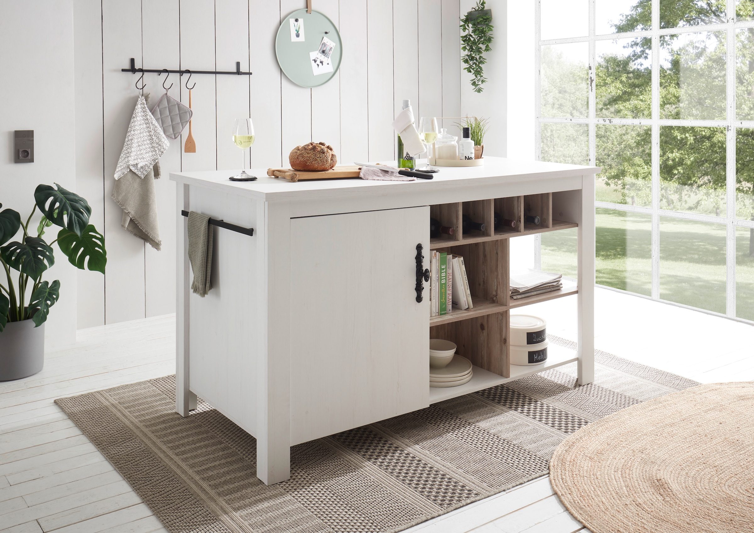 Home affaire Kücheninsel »Florenz, Küchenblock in Pinie Weiss, Kochinsel, Küchenarbeitsblock« Breite 161 cm, mit verschnörkeltem Metallgriff, Arbeitshöhe 92 cm