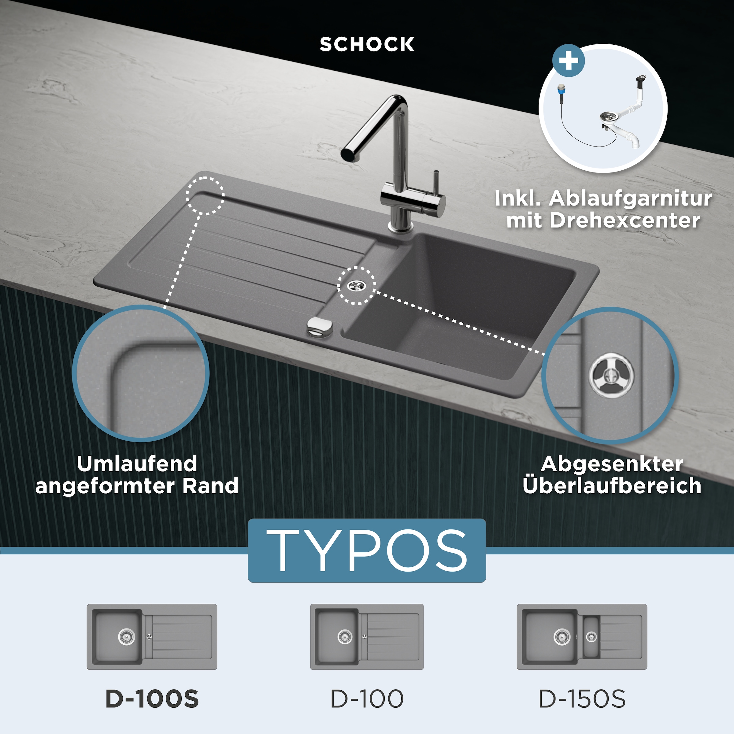 Schock Granitspüle »Typos D-100 S«, mit Ablauf und Abtropffläche, links und rechts einbaubar