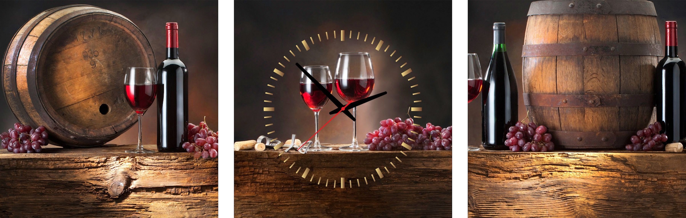 Image of Conni Oberkircher´s Bild mit Uhr »Wine Barrels - Weingläser und Fässer«, Wein, (Set, (Set 3), mit dekorativer Uhr, Küche, Genuss bei Ackermann Versand Schweiz