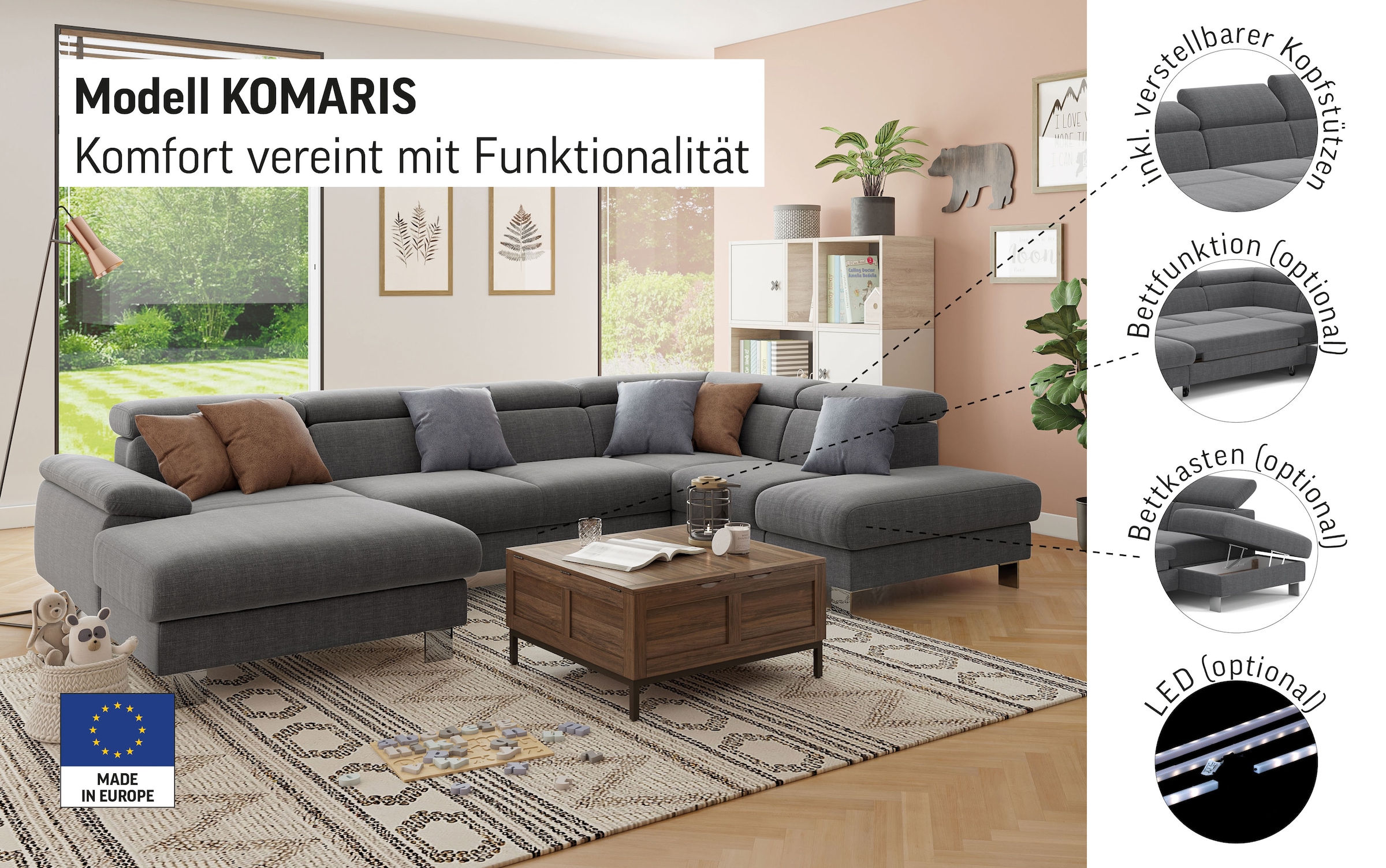 COTTA Wohnlandschaft »Komaris U-Form, B: 320 cm«, mit Kopfteilverstellung, optional Bettfunktion, Bettkasten & Licht