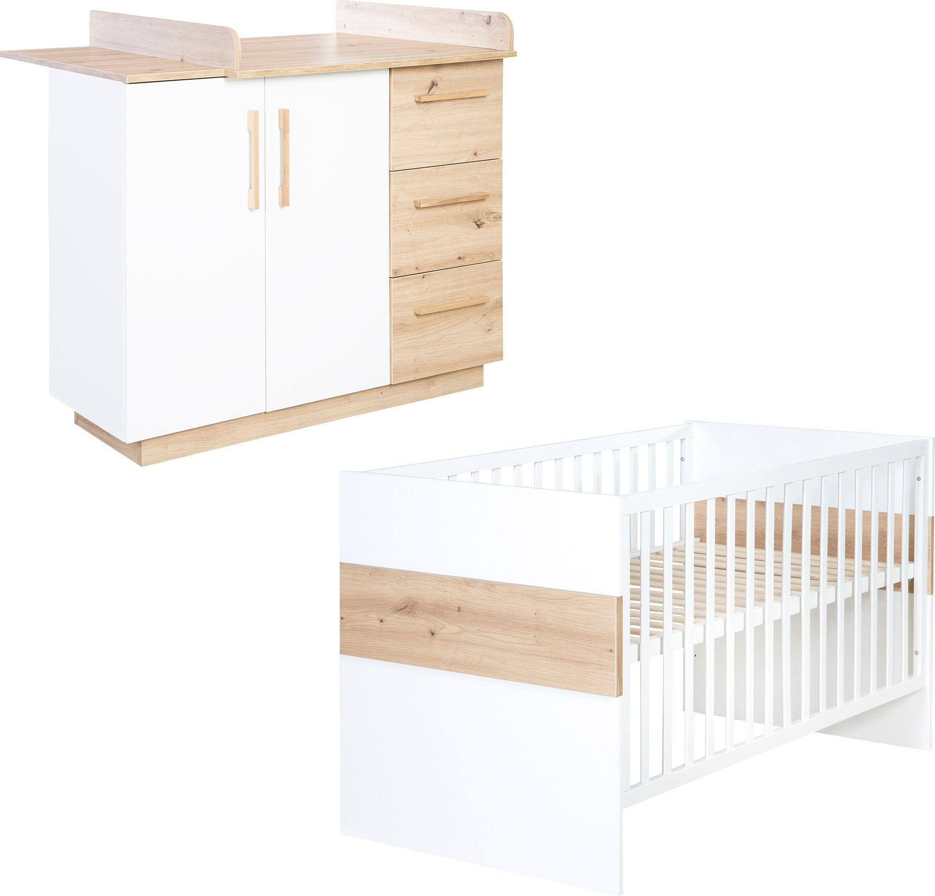 Babyzimmer-Komplettset »Lion, Weiss/Artisan Eiche«, (Spar-Set, Babybett 70x140 cm,...