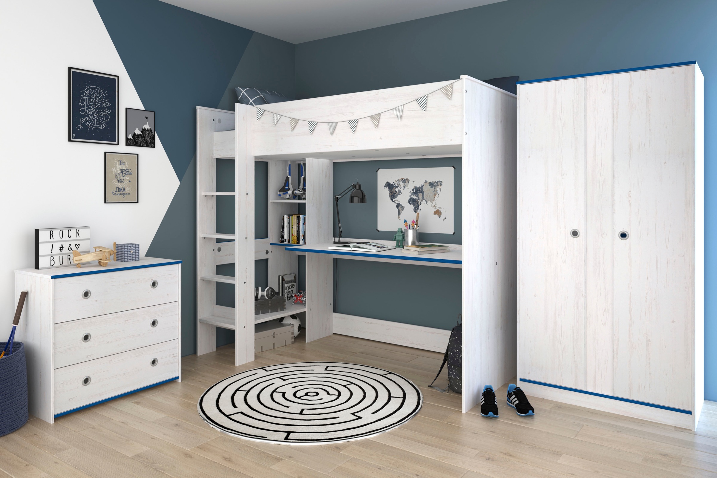 Parisot Jugendzimmer-Set »Smoozy«, (Set, 3 tlg., Hochbett mit Schreibtisch, Kleiderschrank und Schubkastenkommode)