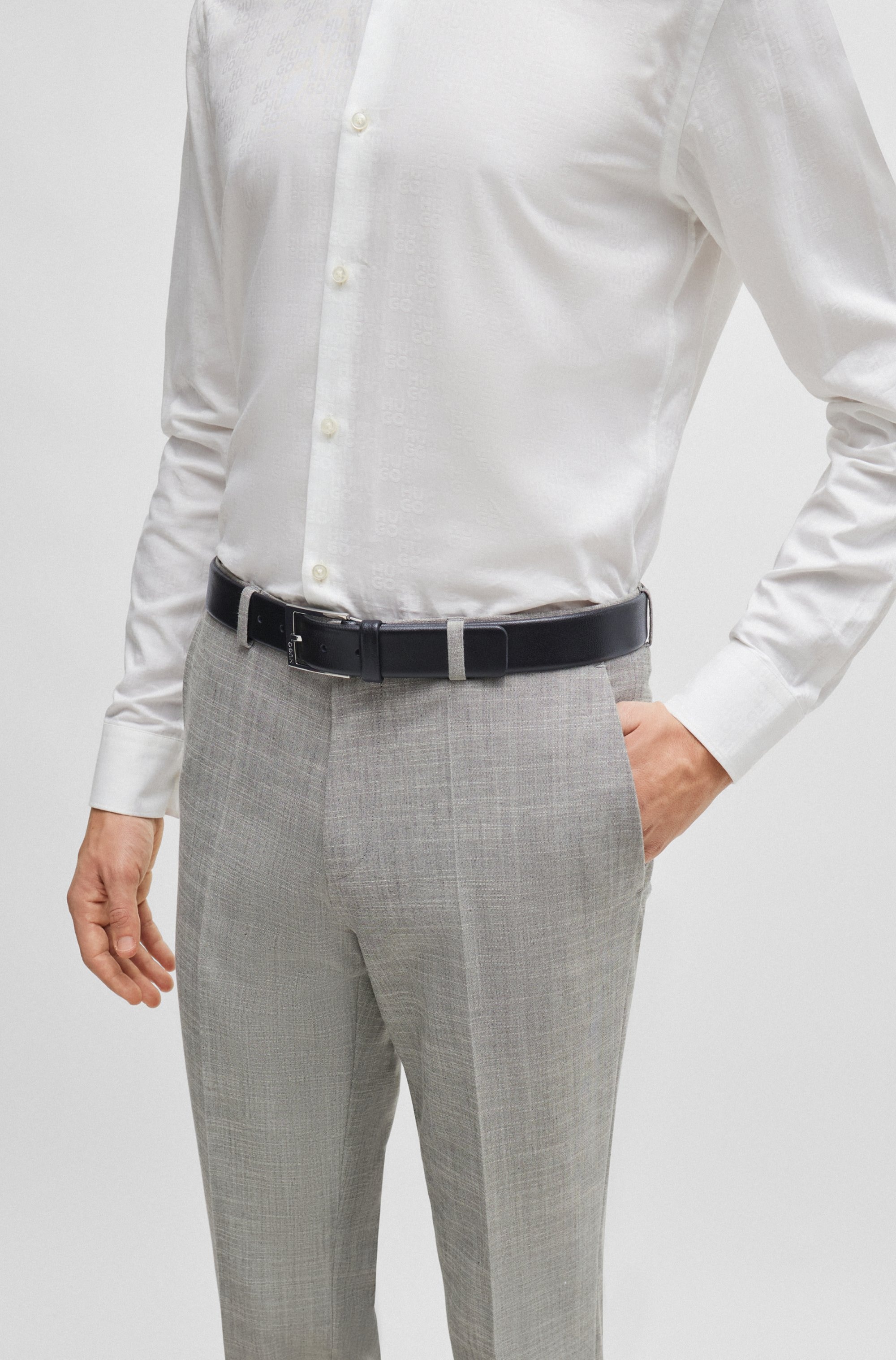 HUGO Ceinture en cuir genarbt mit Logo-Schliesse, glänzende silberfarbene Details