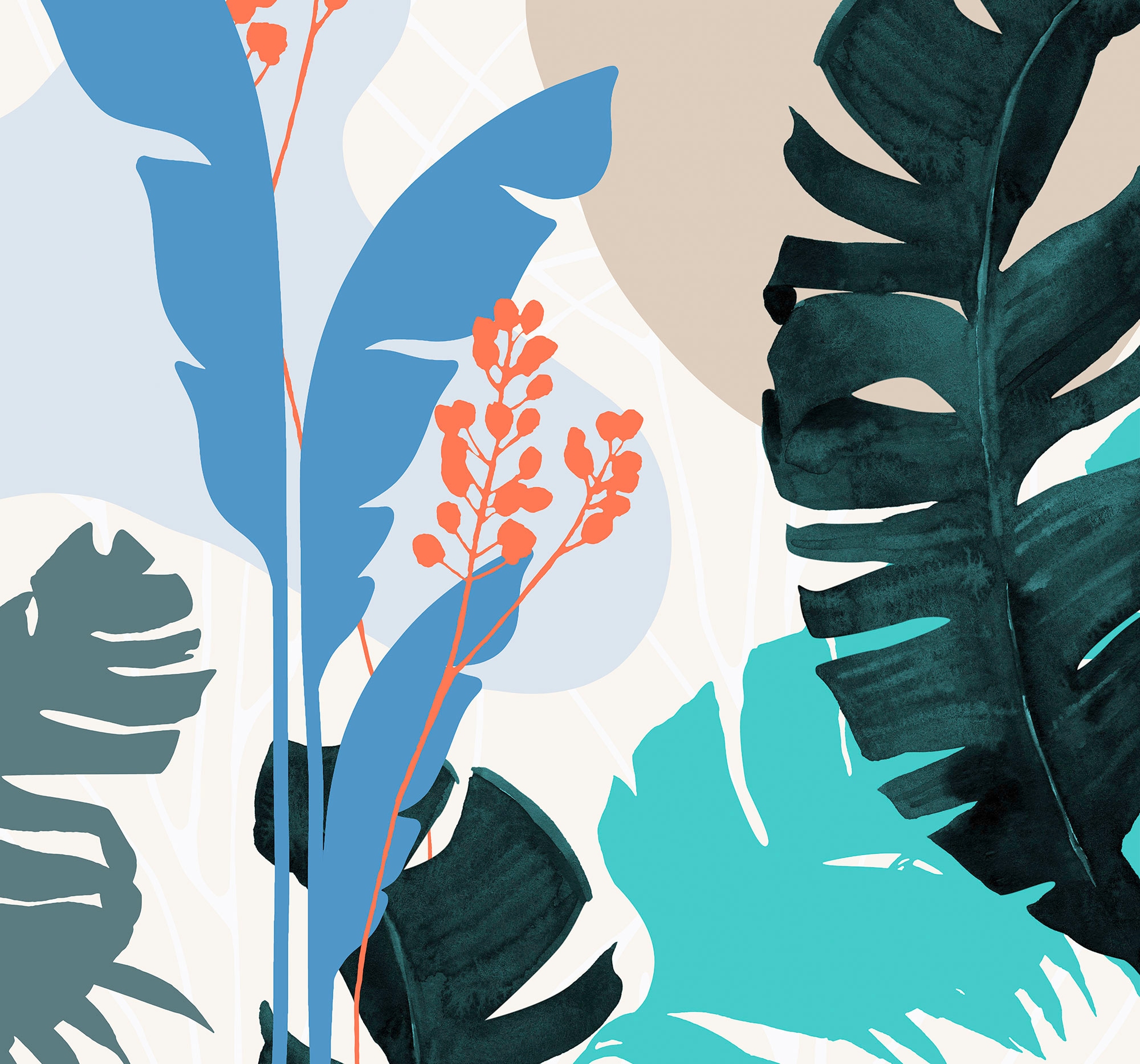 Image of Komar Vliestapete "Digitaldruck Vlies - Tropical Shapes - Grösse 300 x 280 cm" bedruckt glatt Wohnzimmer, Schlafzimmer