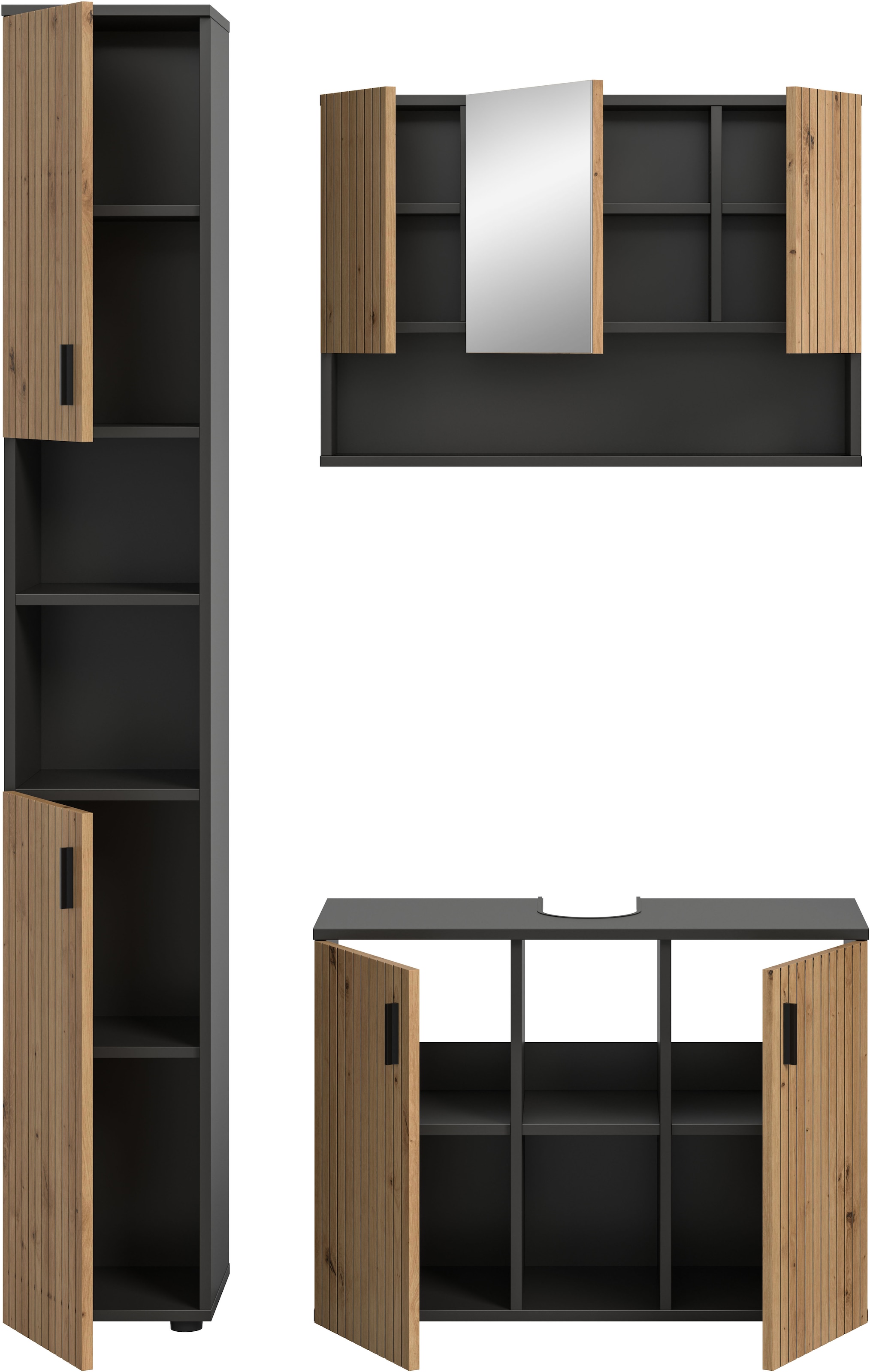 welltime Badmöbel-Set »MANI, 3-tlg. Badkombination, Paneeloptik« Set, Set, best, aus: 1Badschrank,1Spiegelschrank,1Waschbeckenunterschrank, 3 Stk. tlg.