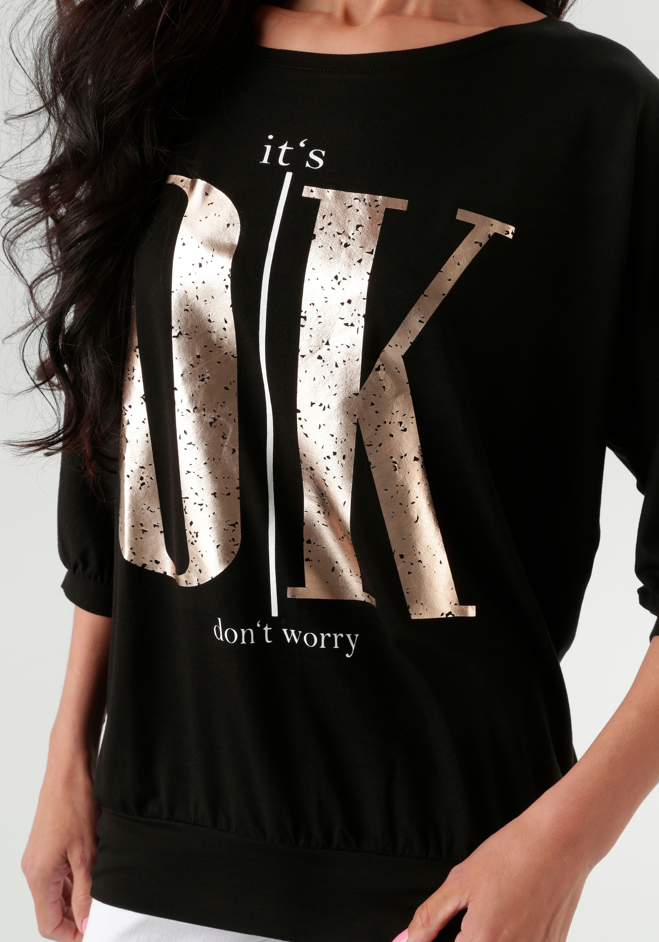 Aniston SELECTED 3/4-Arm-Shirt, mit weissen und goldfarbenfarbigen Statements - NEUE KOLLEKTION