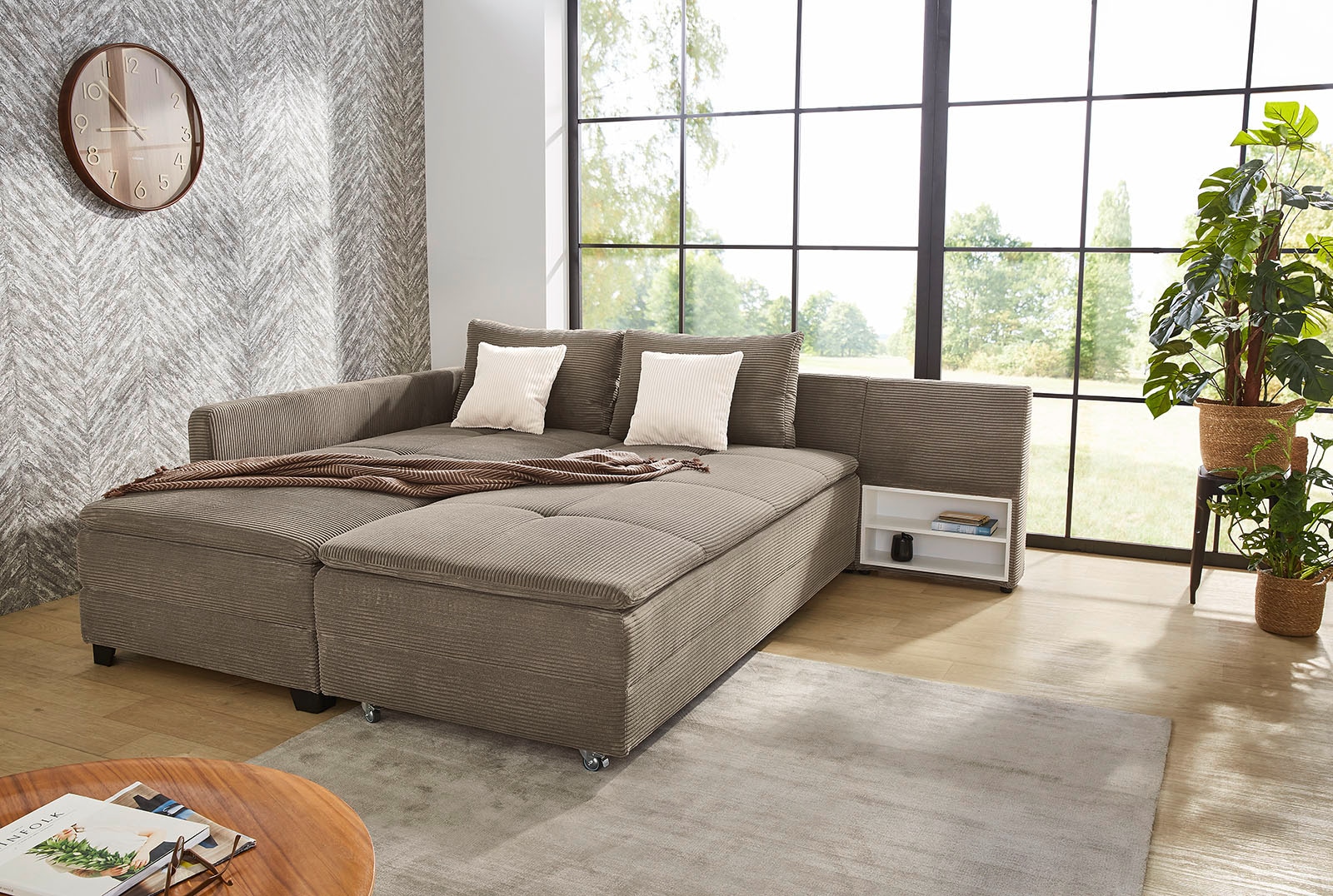 Jockenhöfer Gruppe Ecksofa »Madrid L-Form, B: 306 cm, Liegefl. 180x200 cm, Dauerschläfer« mit Bettfuntkion, Bettkasten, Topper & Regal, Boxspringbettaufbau