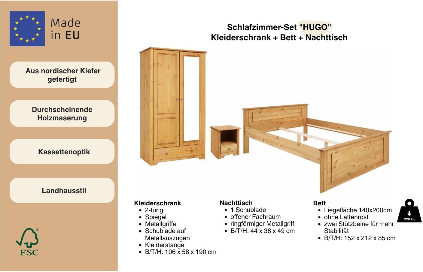 GOODproduct Schlafzimmer-Set »Hugo« Set, 3 Stk. tlg. Bett 140x200cm, 2-trg Kleiderschrank und 1 Nachttisch
