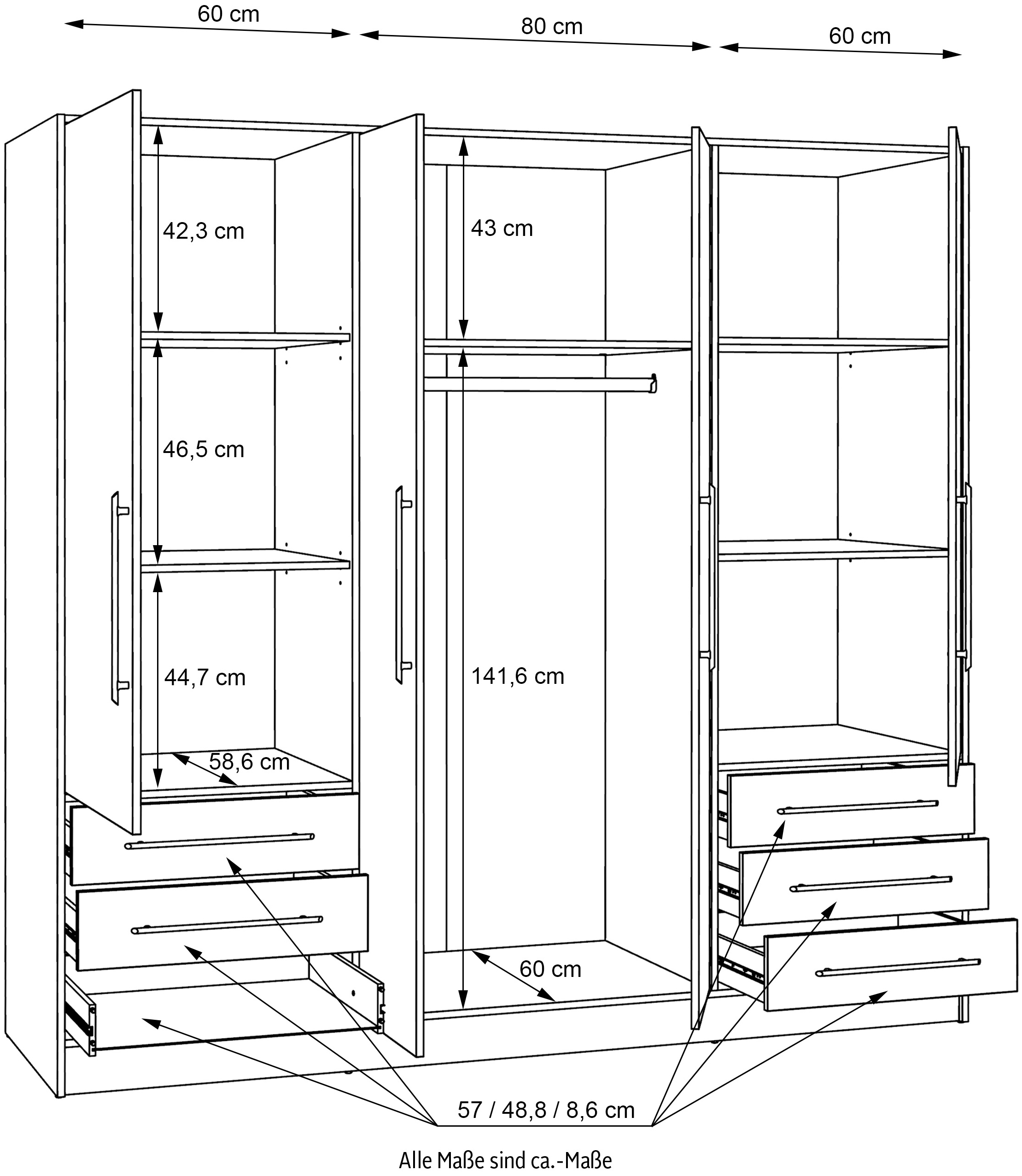 FORTE Kleiderschrank »Jupiter, Made in Europe, mit  6 Schubladen, Stauraum« Masse B/H/T ca. 207/200 cm/60,  Stauraum, 2 Breiten, 4 Farben, Schubladen, variable Einlegeböden