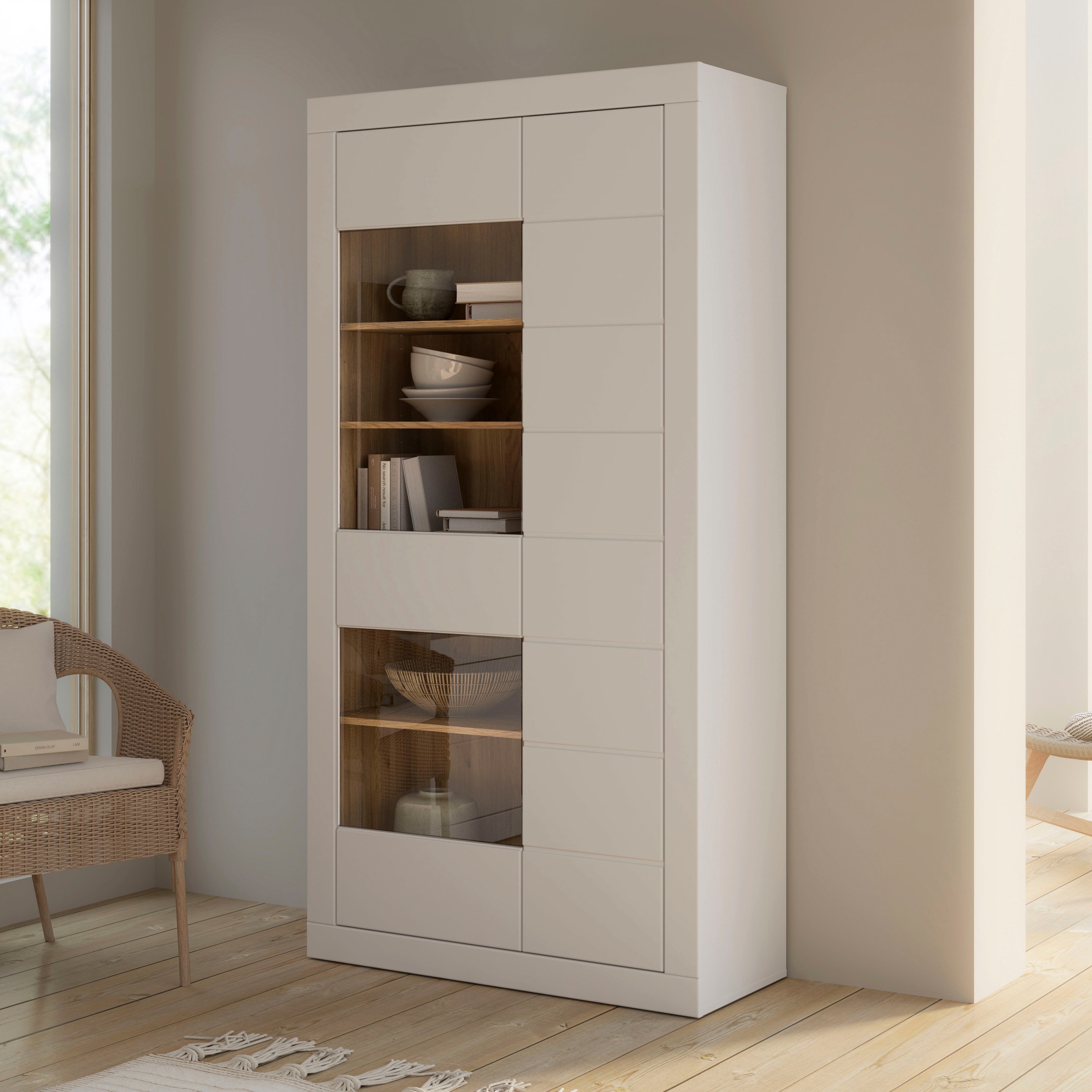 FORTE Vitrine »Lefkadas, Breite 101cm , Höhe 196cm« Highboardvitrine, grifflose Front, breite Rahmenoptik mit Glaseinsatz