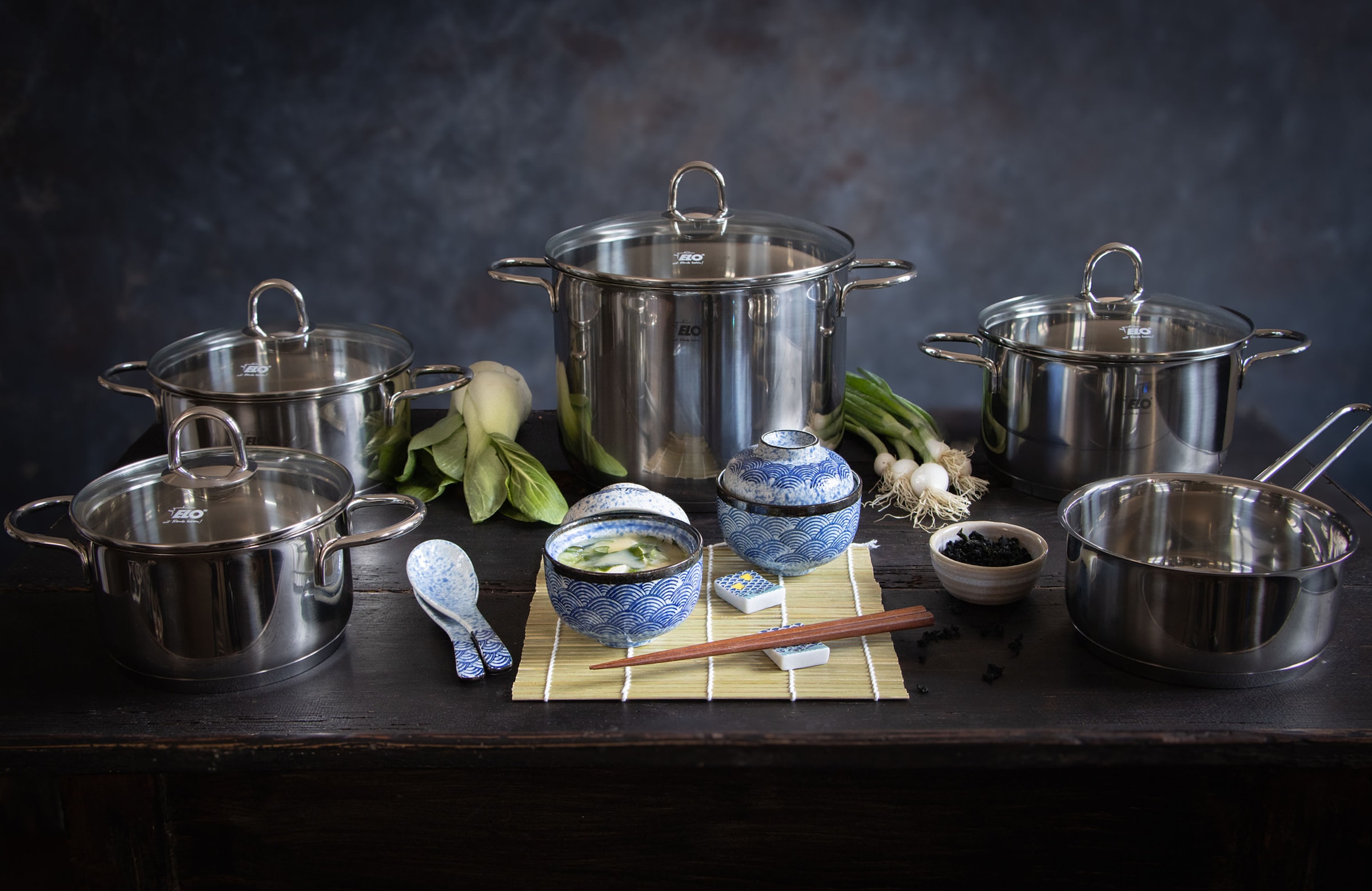 Elo Set de casseroles »Rubin« Ensemble, Bratentopf 20cm, Fleischtopf 16/20cm, Kasserolle 16cm, Gemüsetopf24 cm, 9 cuis tlg. Acier inoxydable 18/10