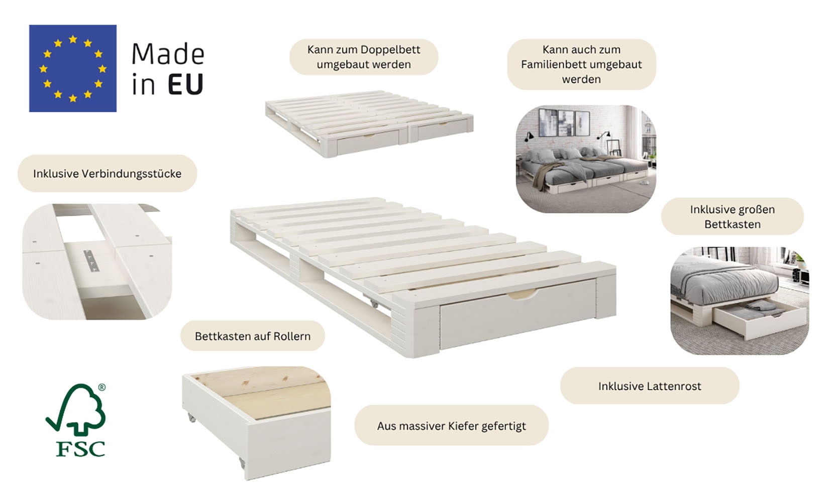 GOODproduct Lit palette »"ALASCO "  BESTSELLER! Mit Schublade« zertifiziertes Massivholz, erweiterbar zum Doppel- oder Familienbett