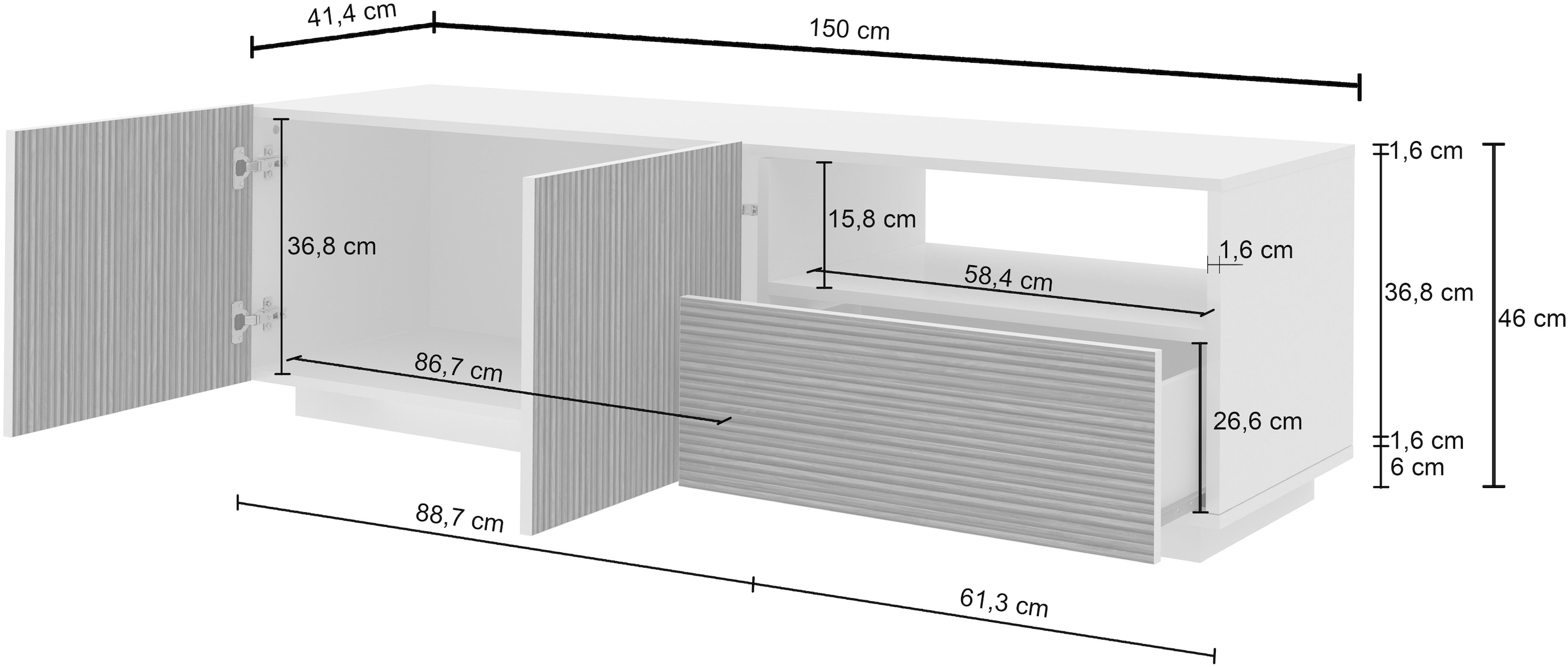 Home affaire Lowboard »Vega,Lowboard,TV Board,TV Schrank,150 cm« mit 2 Türen und 1 Schublade,Fronten mit Rillen-Optik