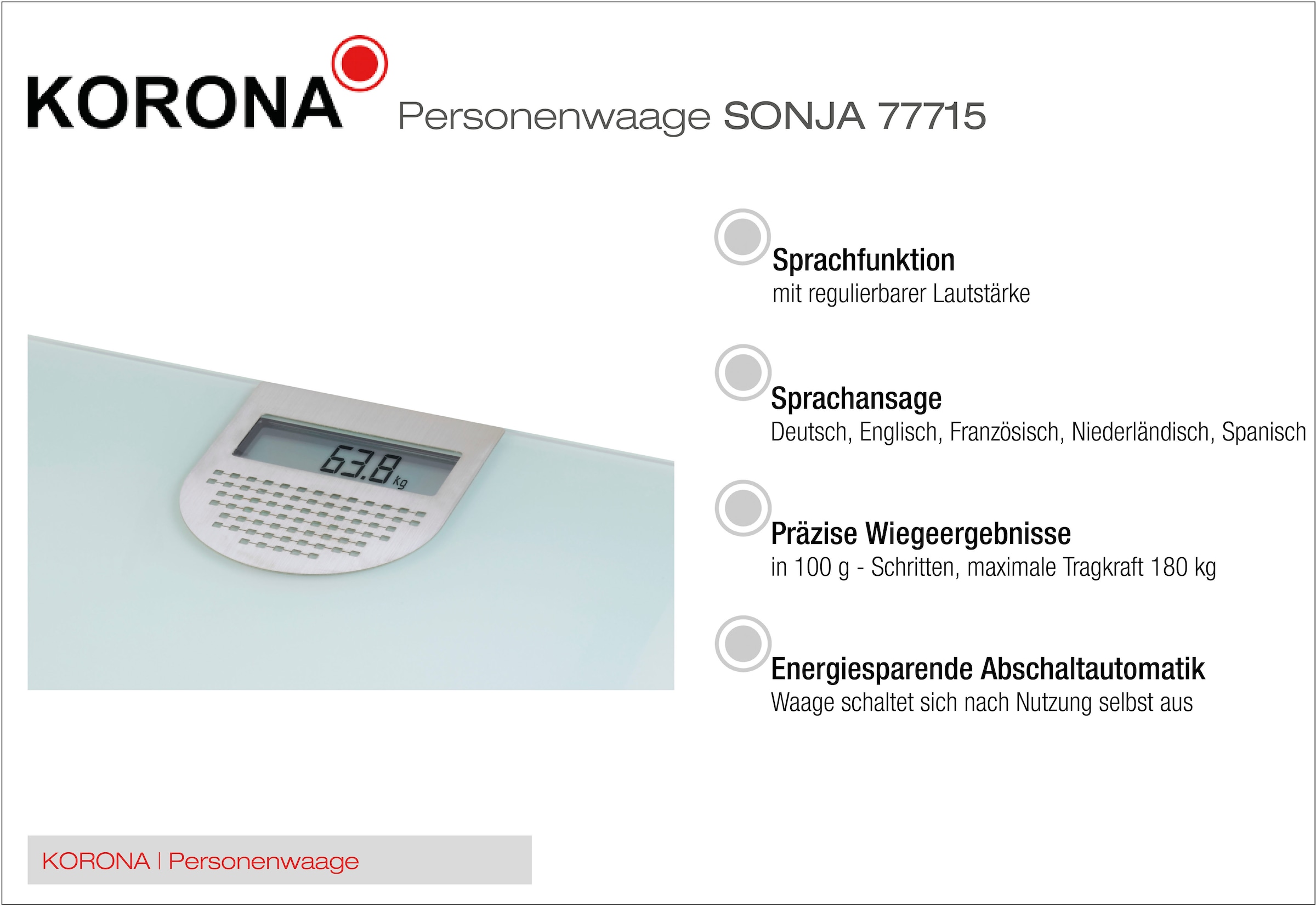 KORONA Personenwaage »Sonja 77715«, sprechende Glaswaage