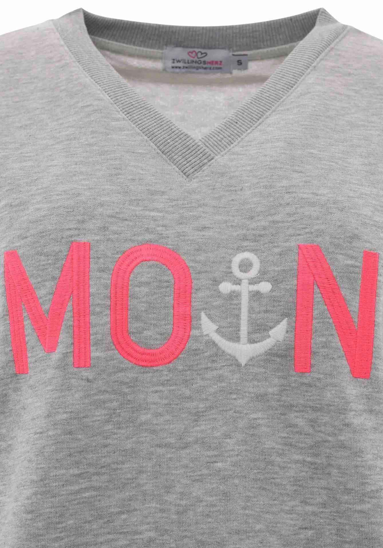 Zwillingsherz Sweatshirt, mit V-Ausschnitt und aufgesticktem "Moin" in Neonfarben