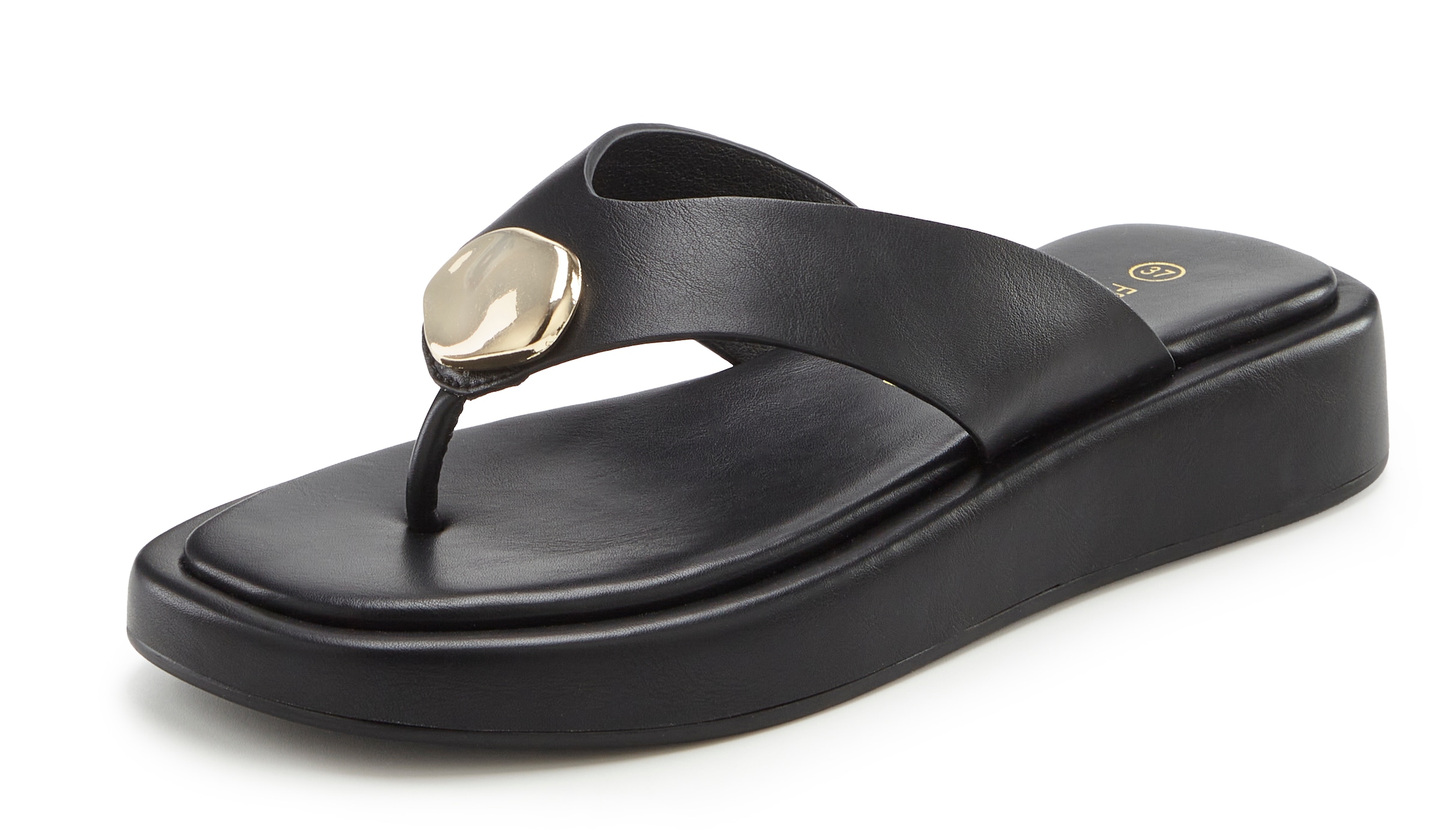 French Connection Séparateur d'orteils »Sandale, Pantolette, offener Schuh, Sommerschuhe«  NEU mit goldfarbenem Schmuckelement und bequemer Sohle VEGAN