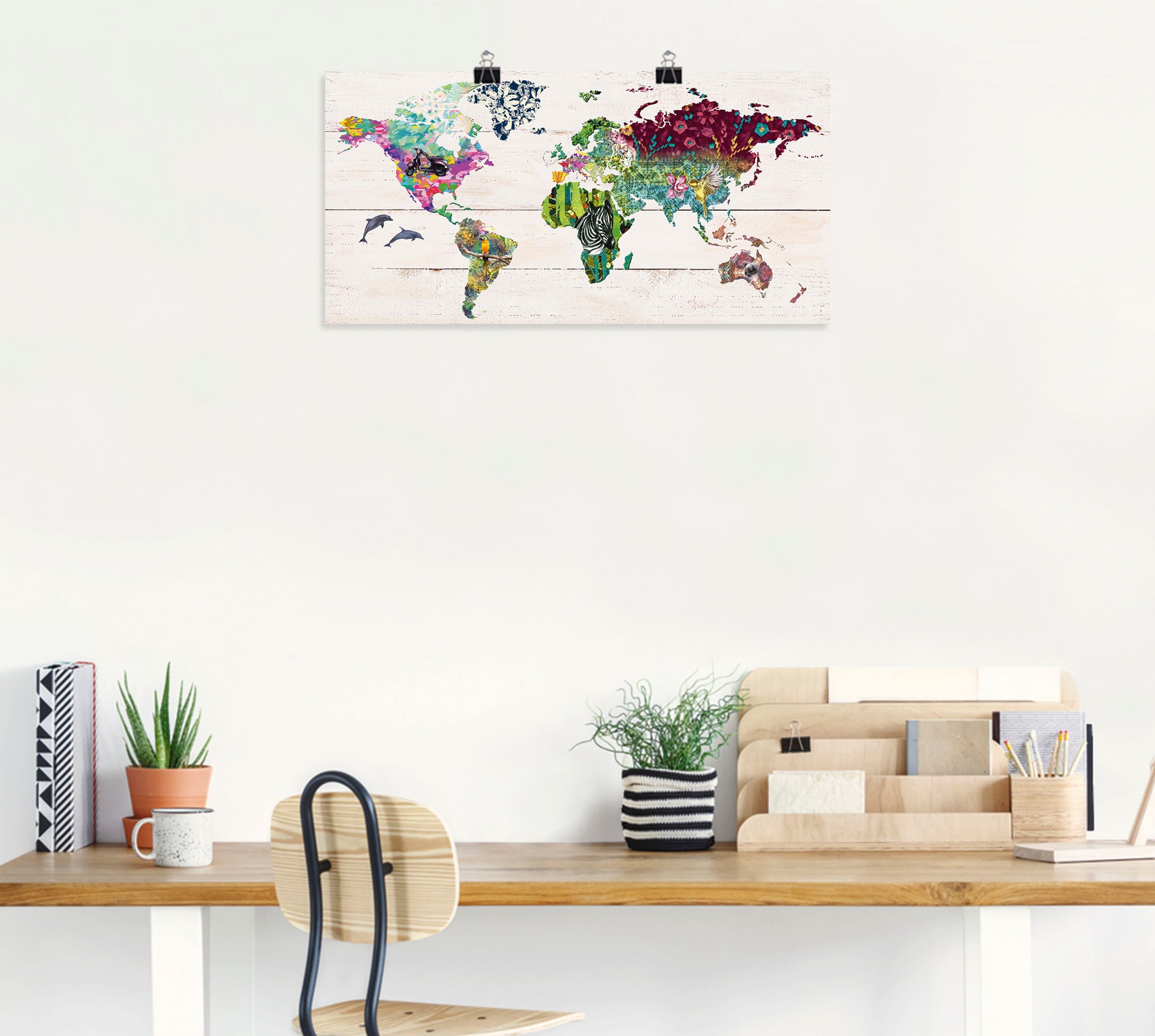 Artland Wandbild »Bunte Welt auf hölzernem Untergrund«, Landkarten, (1 St.), als Leinwandbild, Poster in verschied. Grössen