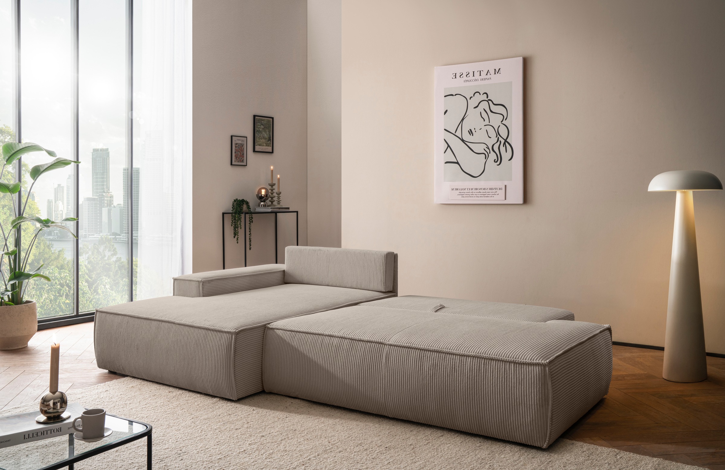 Home affaire Ecksofa »SHERWOOD, Schlafsofa in L-Form offen (275cm), Cord, Leinenoptik«, Schlaffunktion und Bettkasten, Kedernaht, hoher Sitz- & Liegekomfort