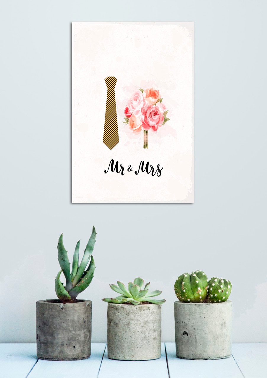 Image of queence Metallbild "Mr & Mrs" Blumen Schriftzug Schriftzüge 1 Stk. tlg. Stahlschilder