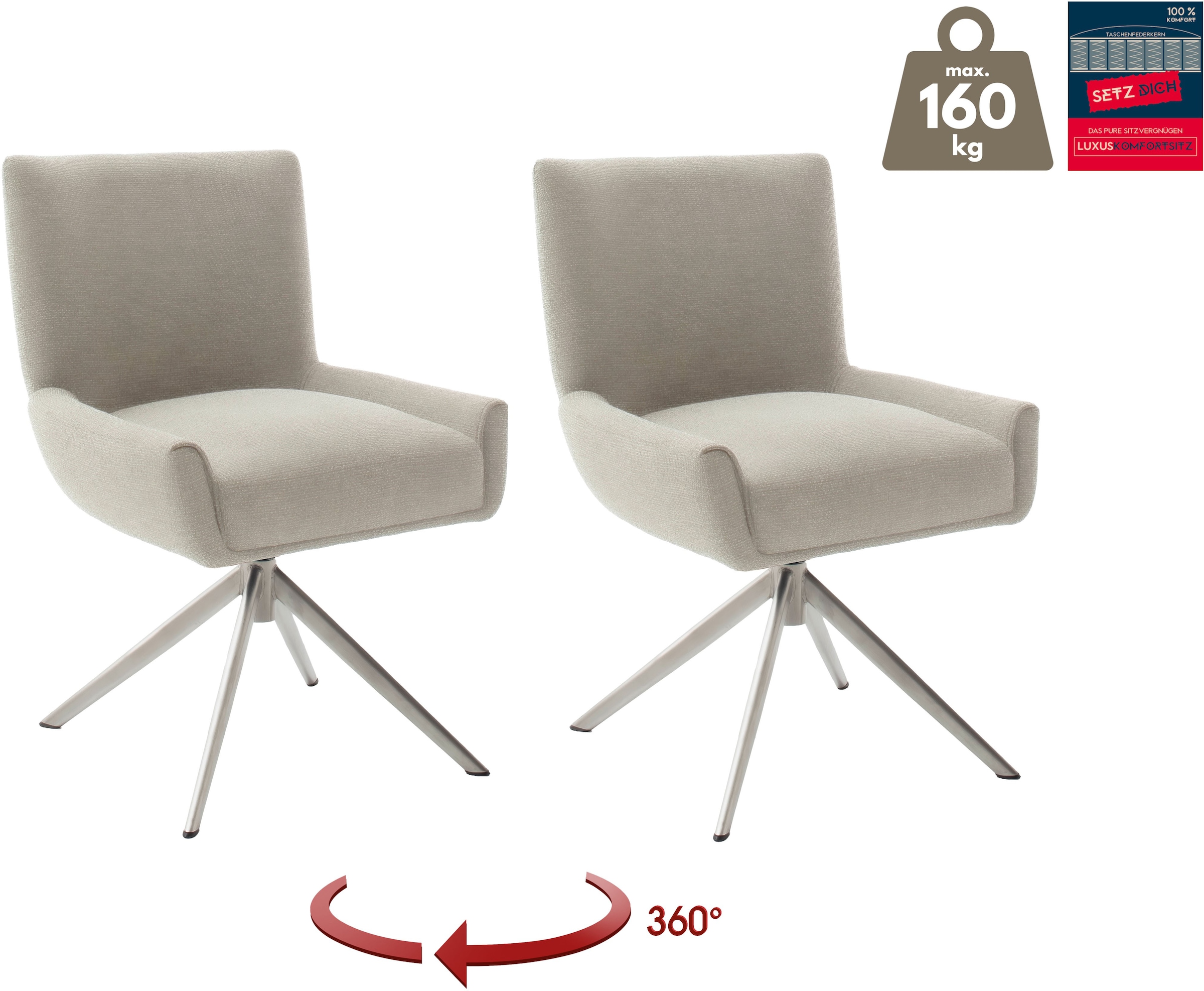 MCA furniture 4-Fussstuhl »WILSON Esszimmerstuhl, Armlehnstuhl, Polsterstuhl, modern«, (Set), 2 St., Flachgewebe, Stuhl, Armlehnenstuhl, drehbar, Taschenfederkern, belastbar 160 kg,XXL