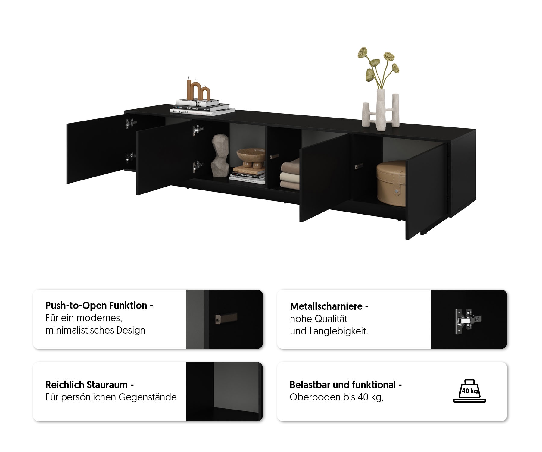 GOODproduct Lowboard »Tatami, Modernes griffloses TV-Board, Breit 220,50cm, TV-Schrank« TV-Schrank, TV-Board mit viel Stauraum, push-to-open-Funktion