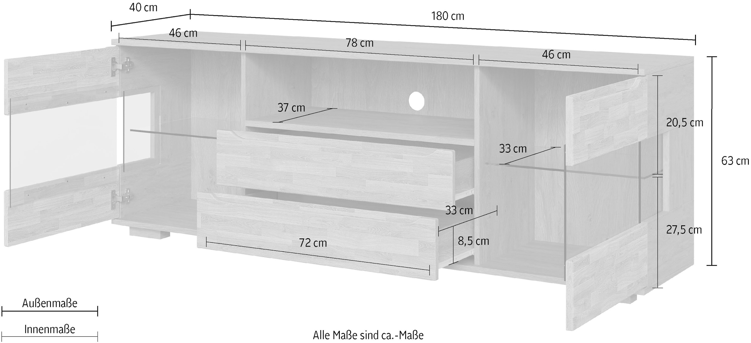 GOODproduct Sideboard »VETRO Teilmassiv, Fronten Massivholz, Wohnzimmer, Stauraum,Griffmulde« B/T/H:180/40/63cm, 2Schubladen, 4 geschlossene & 2 offene Fächer