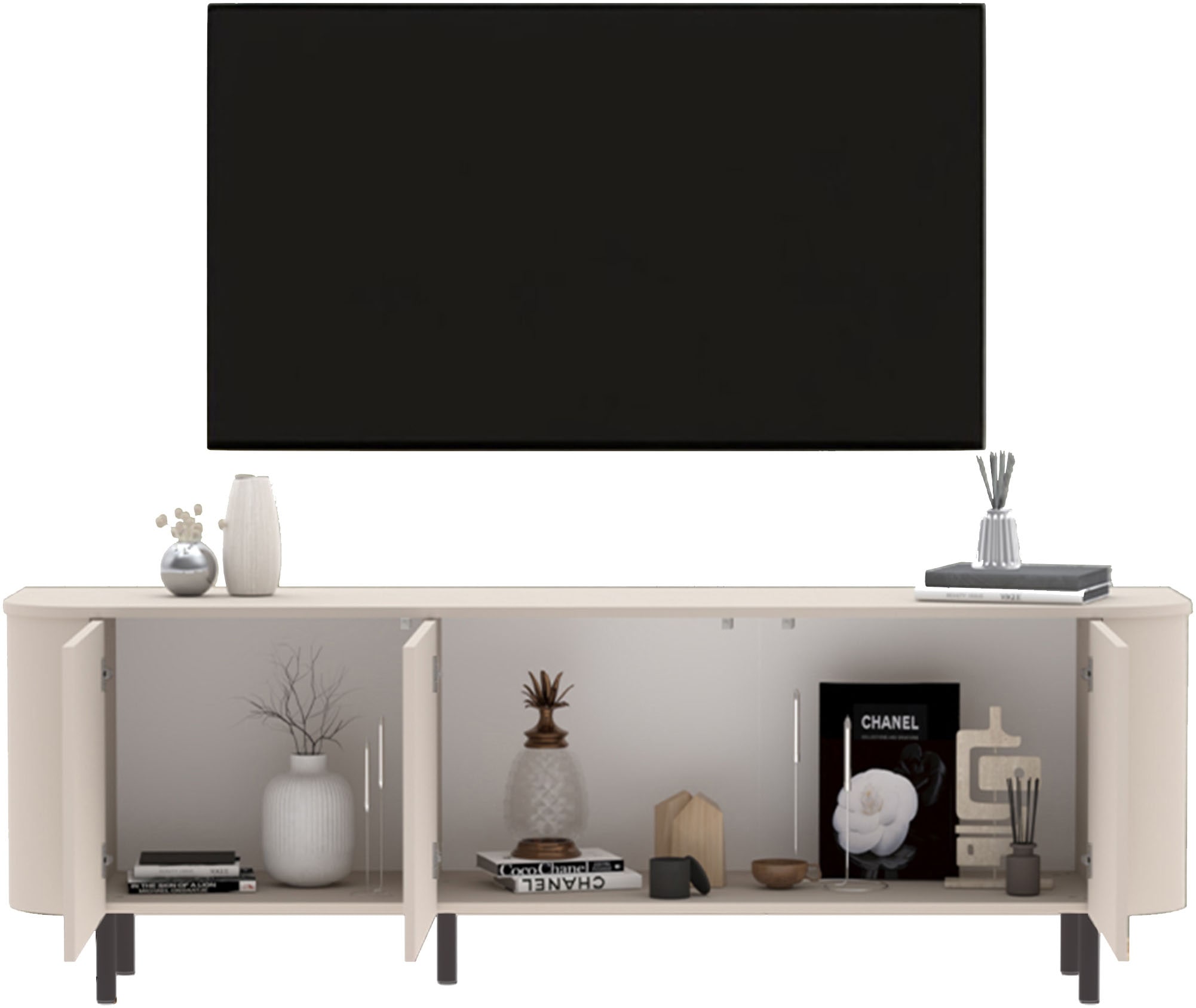 INOSIGN Lowboard »Lido, 181 cm breit, 3 Türen, TV-Schrank, TV-Kommode, Medienboard« Formgebogenes MDF, Stirnseiten mit Rundung, Push-to-open, Metallfüsse