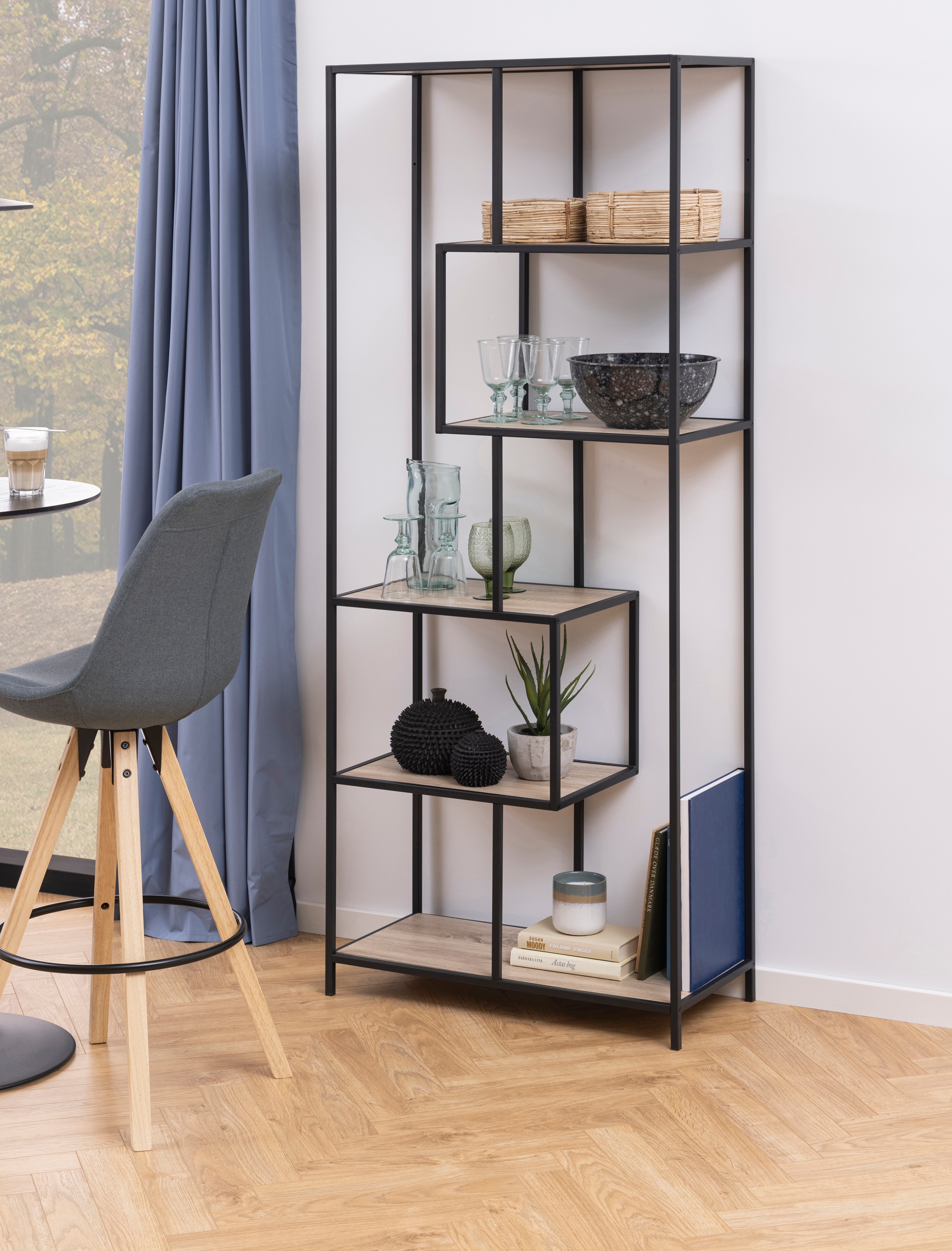 Seaford Tall Black Metal Bookcase with 5 Sonoma Oak Shelves, none