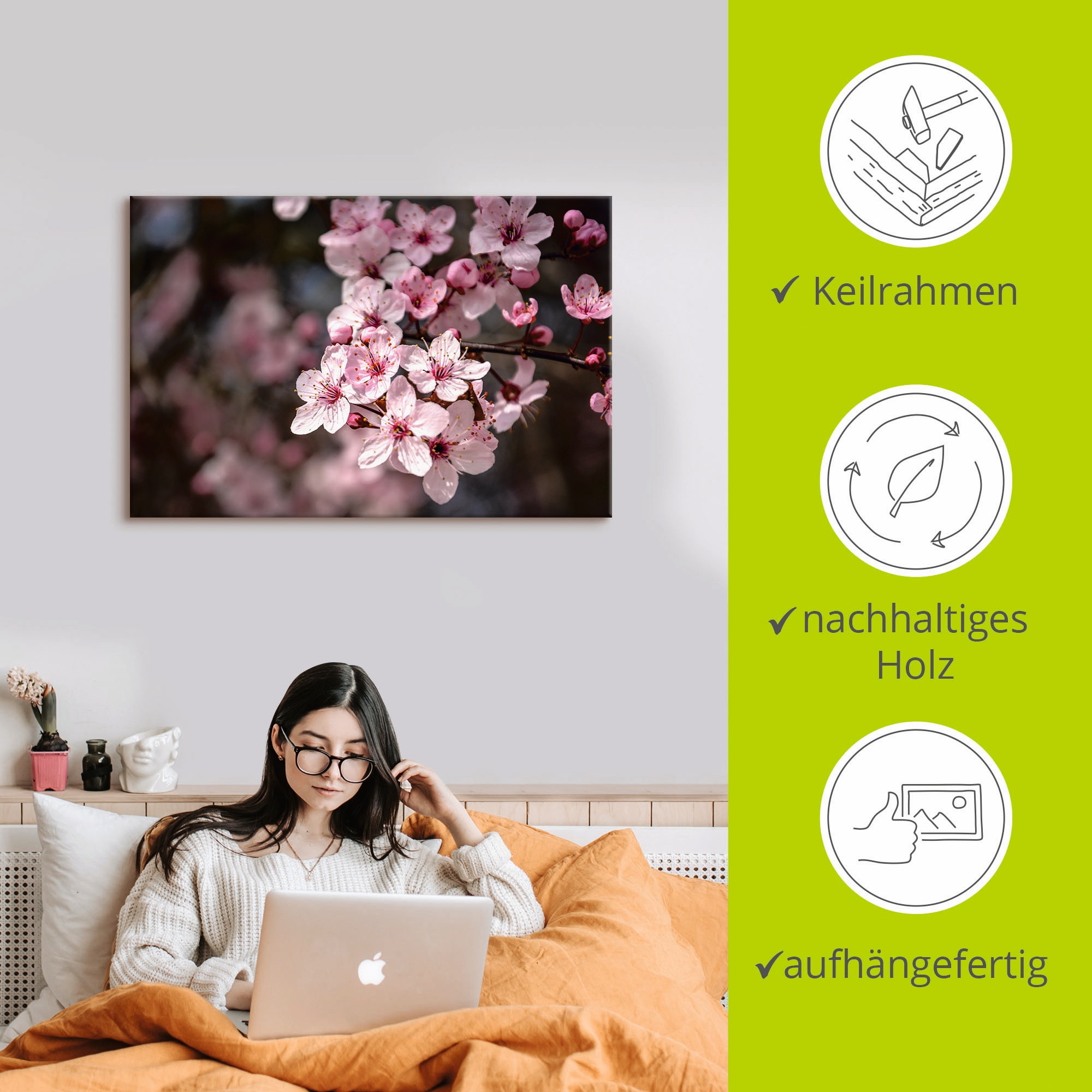 Artland Tableau sur toile »Kirschblüten Nahaufnahme im Sonnenlicht« 1 cuis tlg. auf Holzrahmen gespannt