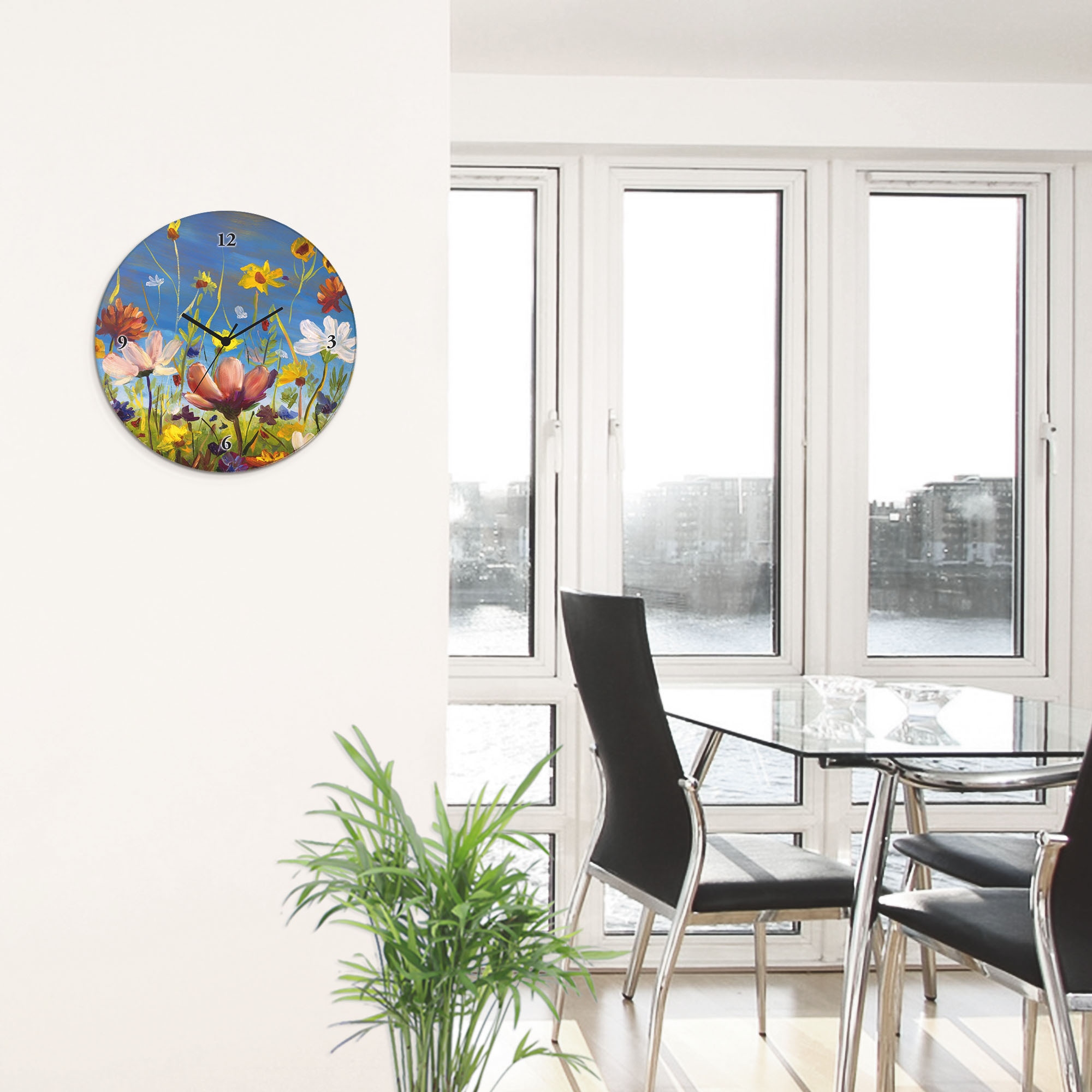 Artland Wanduhr »Glasuhr rund Wildblumenwiese« wahlweise mit Quarz- oder Funkuhrwerk, lautlos ohne Tickgeräusche