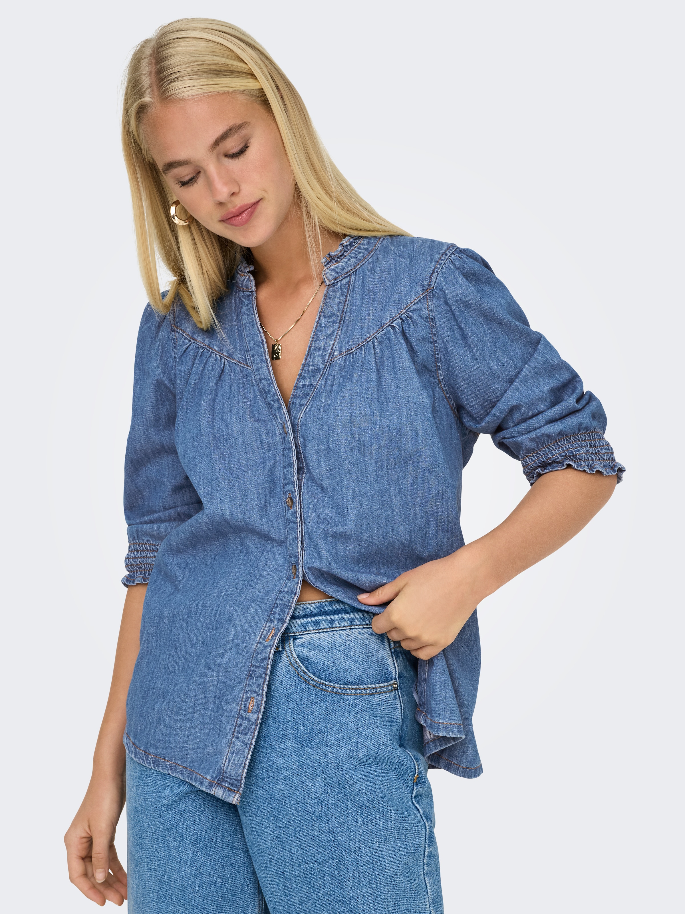 ONLY Blouse en jean »ONLRAYA 3/4 SHIRT DNM AKM NOOS« mit Rüschenkragen
