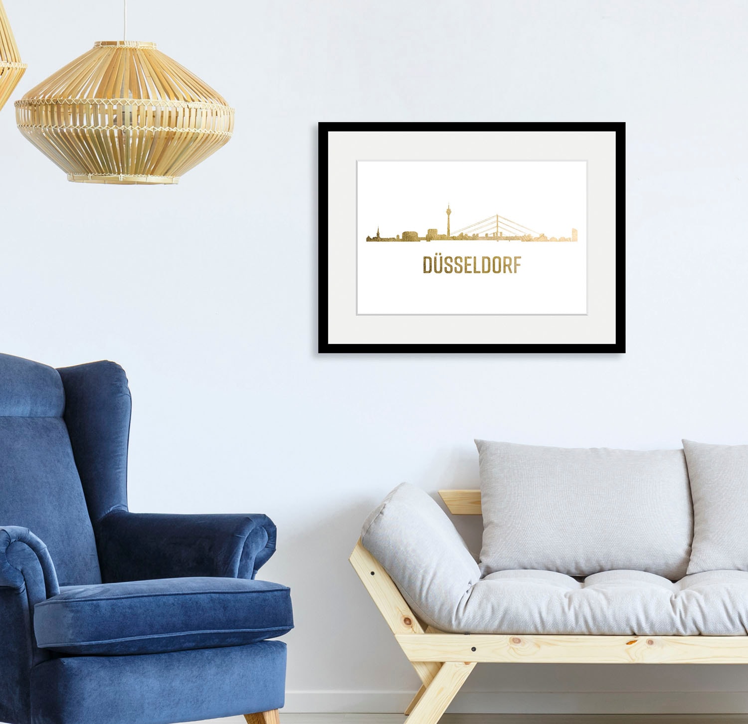 Image of queence Bild "Düsseldorf Skyline GOLD" Deutschland Düsseldorf Gebäude Kirche Schriftzug Stadt Städte 1 Stk. tlg. HD Premium Poster-Druck inkl. Holzrahmen