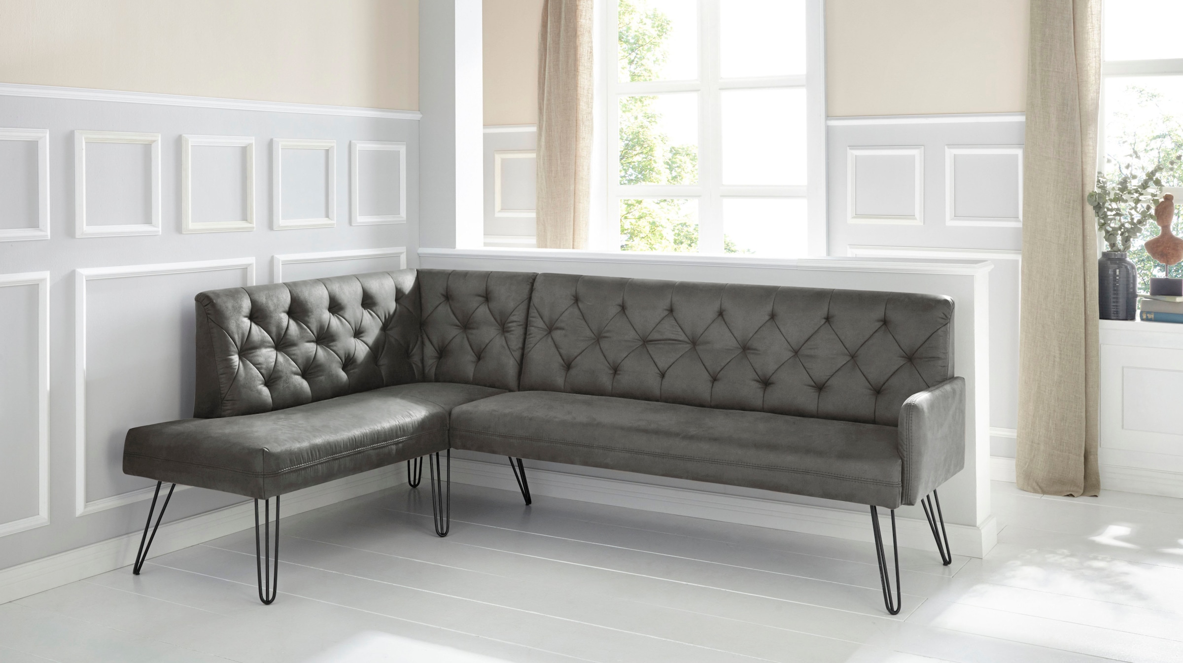 exxpo - sofa fashion Eckbank »Doppio, Chesterfield Optik, komfortabel und bequem, hohe Designfüsse«, Frei im Raum stellbar