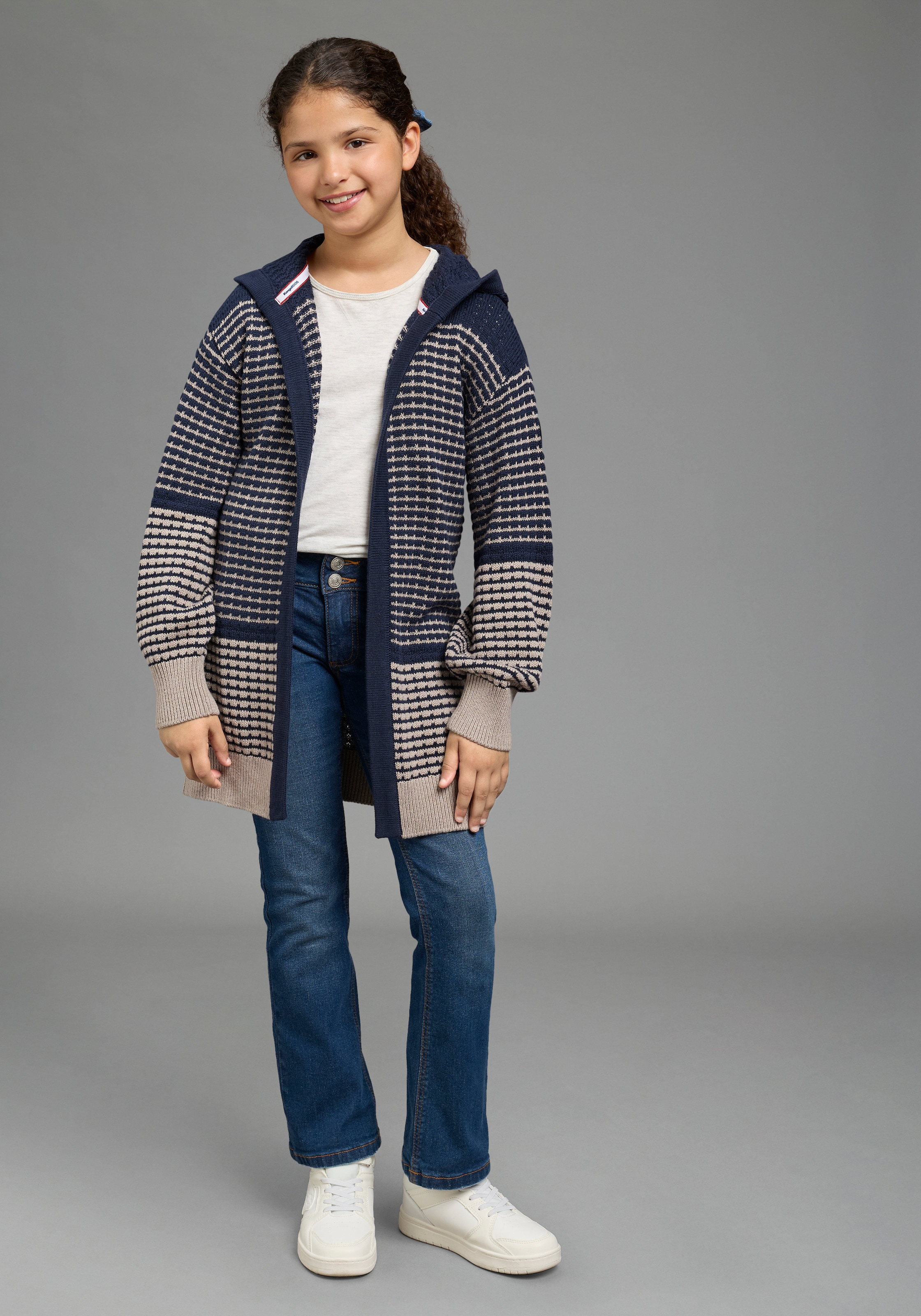 KangaROOS Longstrickjacke »Long-Strickjacke mit modischen Ringelmuster von KangaROOS« Lange Strickjacke, lässig geschnitten, Grobstrick-Qualität, Mini-Me