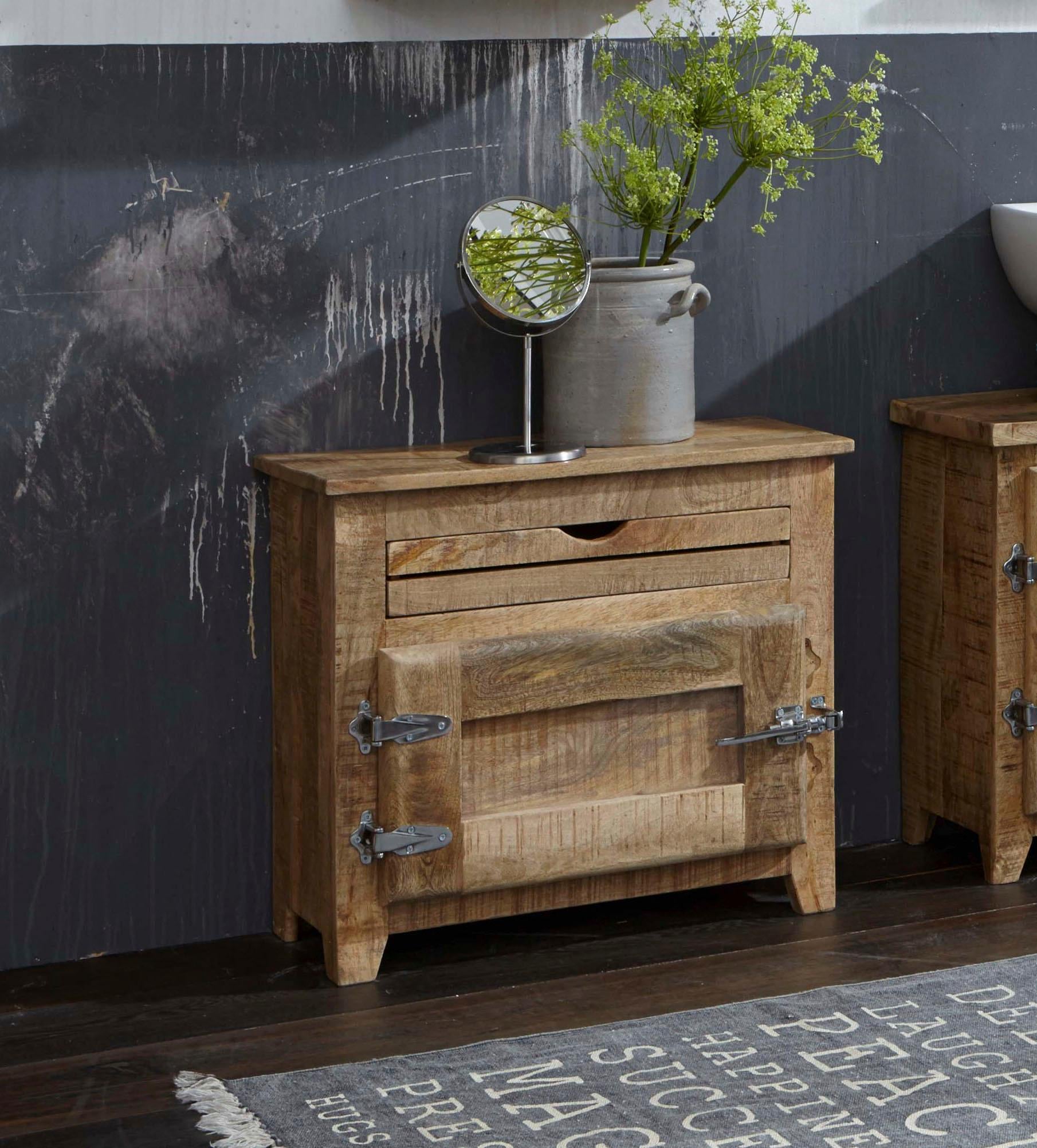 Image of SIT Badkommode "Bardejov aus Mangoholz mit Tür & Schublade im Antik-Look" Rustikales Design mit markanten Kühlschrankgriffen
