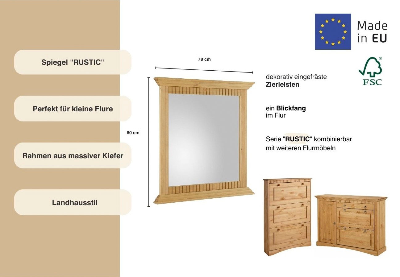 Home affaire Spiegel »Rustic«, aus massiver Kiefer, Breite 78 cm, mit dekorativen Fräsungen