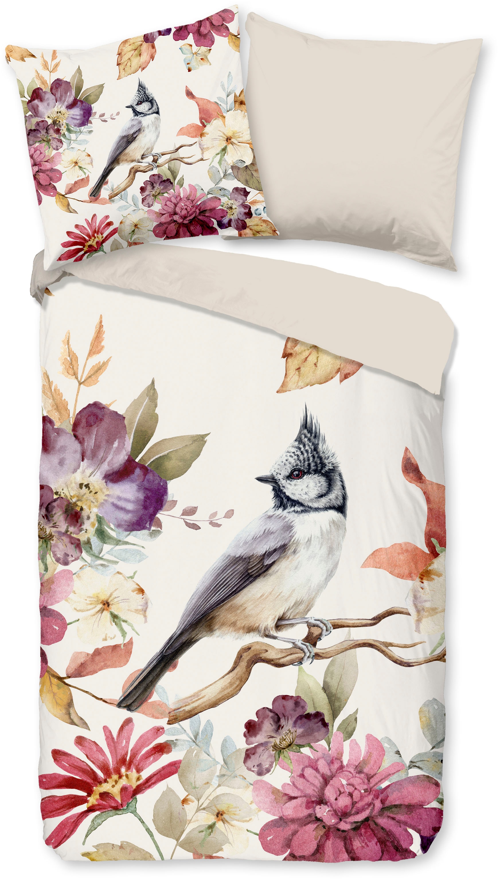 good morning Wendebettwäsche »Inga«, 100% Baumwolle, 135x200, Reissverschluss, Wendeoptik, Vogel Blume, Sand