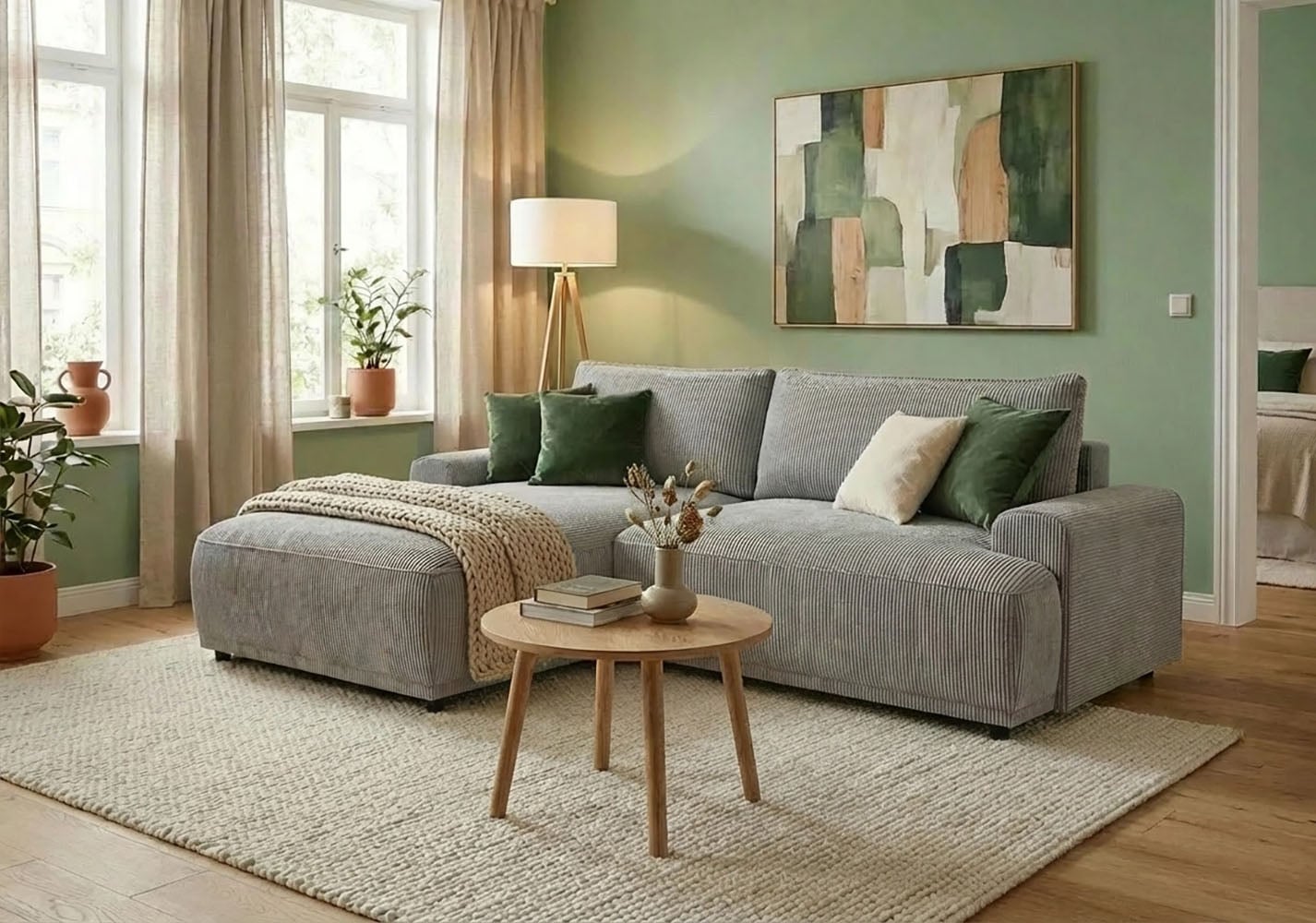 Image of TRENDMANUFAKTUR Ecksofa "Fordon, Schlafsofa mit Bettkasten, Couch in L-Form, Breite 250 cm" in Cordstoff HYPER, betongrau, Recamiere links