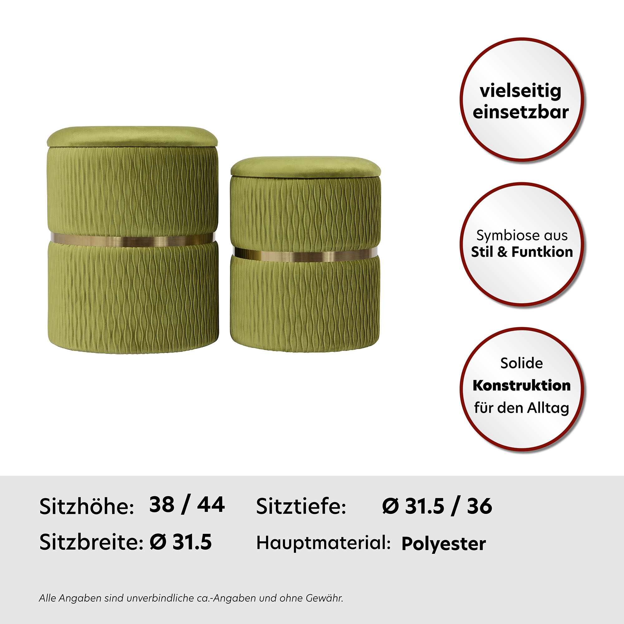 Kayoom Polsterhocker »Hocker Zora 425 2er-Set, Praktischer und versteckter Stauraum«, (Set, 2 St.), 2er-Set mit Stauraum, ineinander stapelbar, goldfarbenener Ring