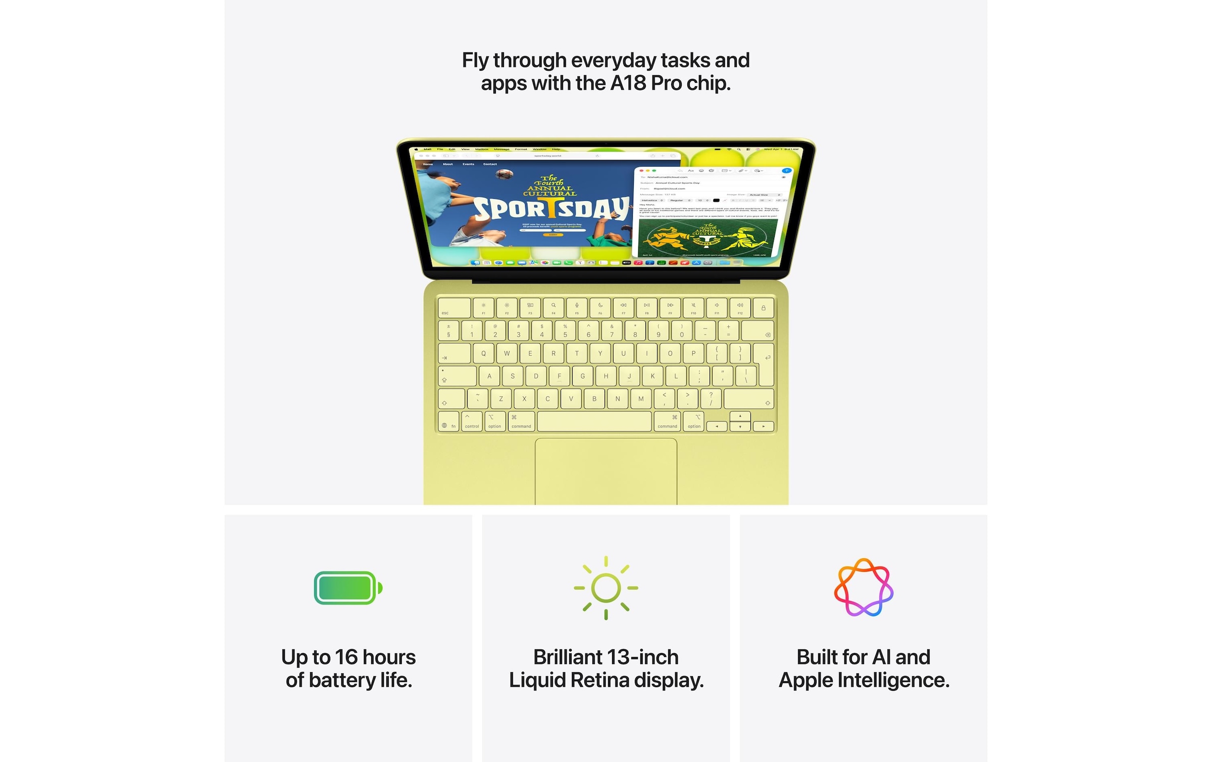 Apple »13 MacBook Neo (A18 Pro) 5C GPU /256 GB / 8 GB« 33,02 cm / 13 ″ Apple A18 Pro 256 Go SSD NPU intégrée (Neural Processing Unit)